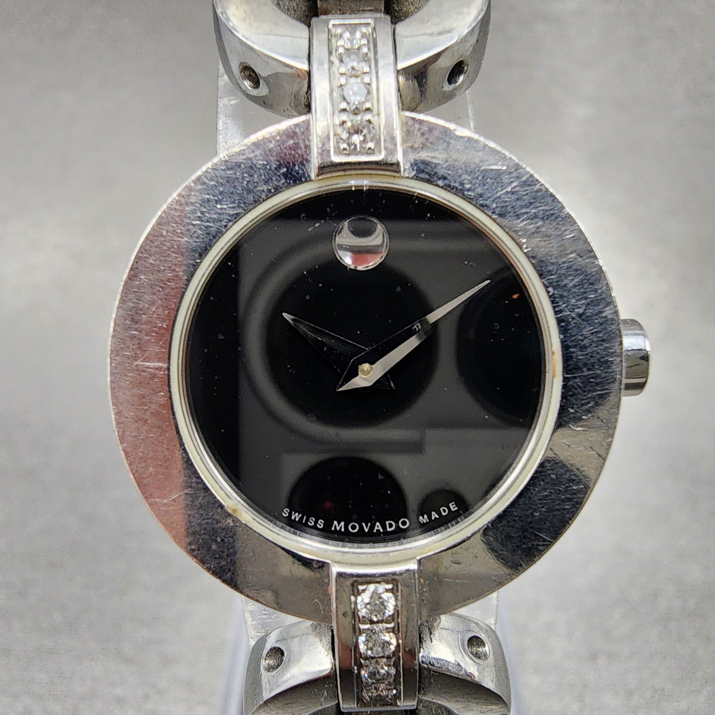 Movado Belamoda Watch Women 25mm Black Dial Steel Diamond Round New Battery