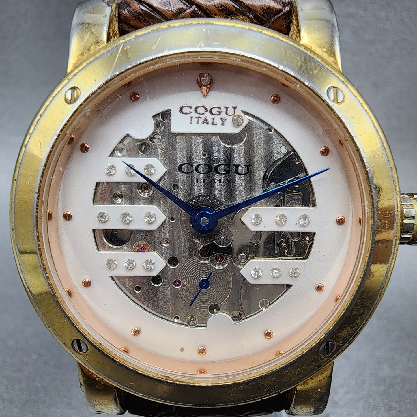 COGU Skeleton Watch Men 42mm Skeleton Dial Gold Tone Automatic Leather Band Runs