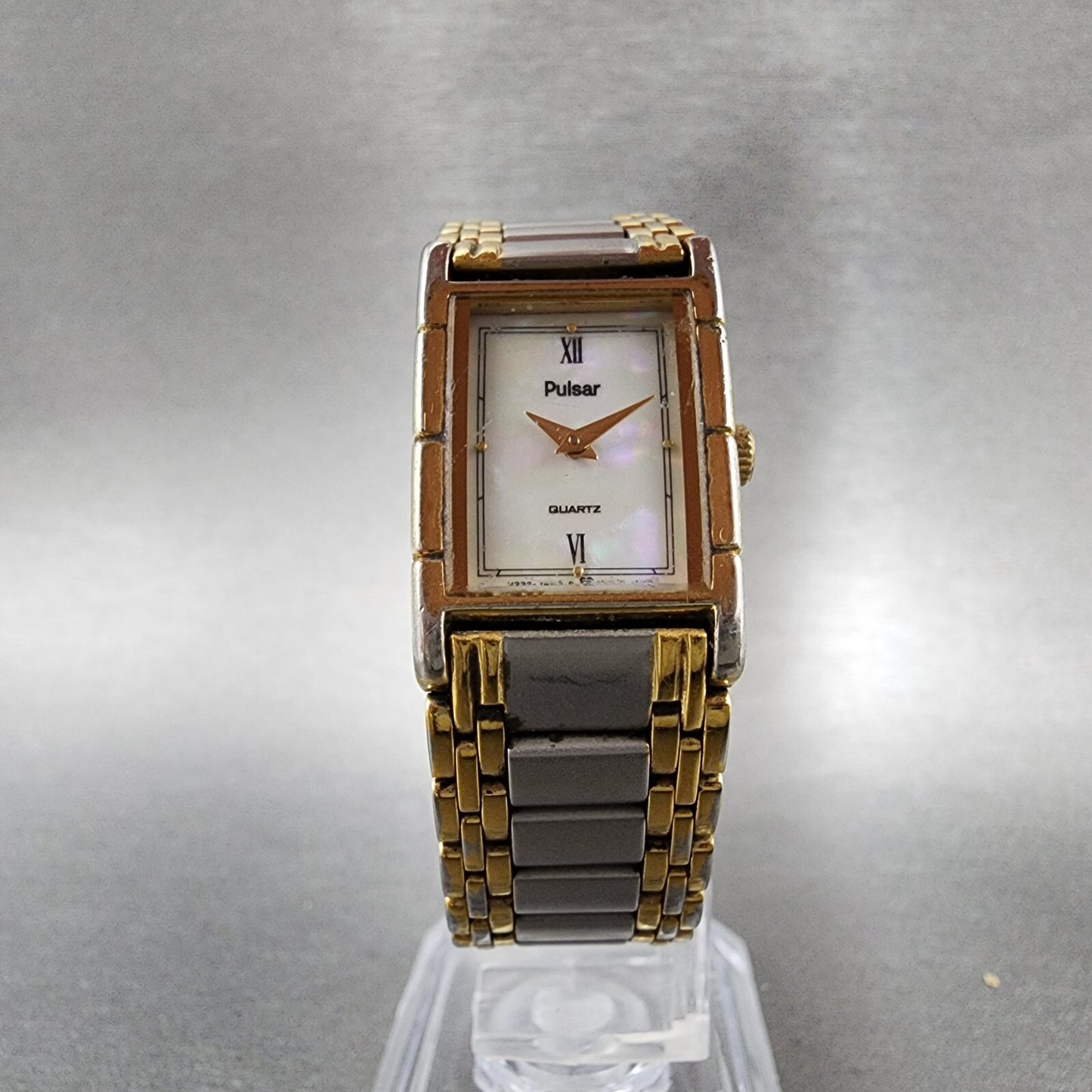 Pulsar Tank Watch Women 17mm MOP Dial Two Tone Rectangle V232-6050 New Battery