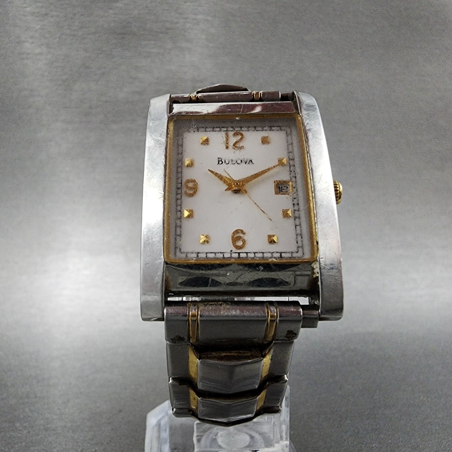 Bulova Tank Watch Men 27mm White Dial Two Tone Date Rectangle 98G85 New Battery