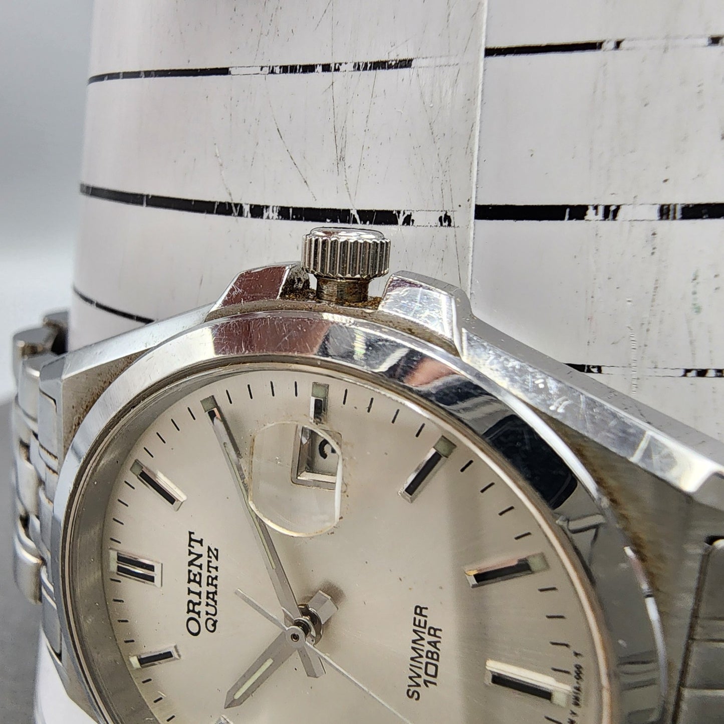 Orient Swimmer Watch Men 36mm Silver Dial Silver Tone Date Round READ New Batt11