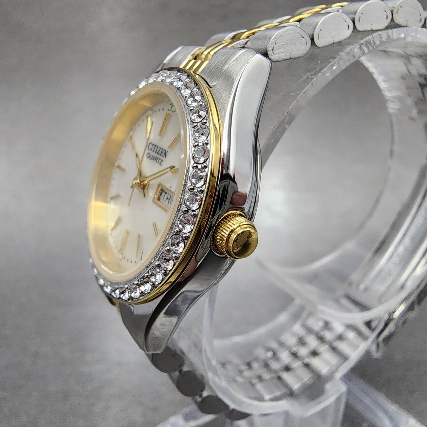Citizen Watch Women 26mm MOP Dial Crystal Bezel Two Tone Daydate EQ0534-50D