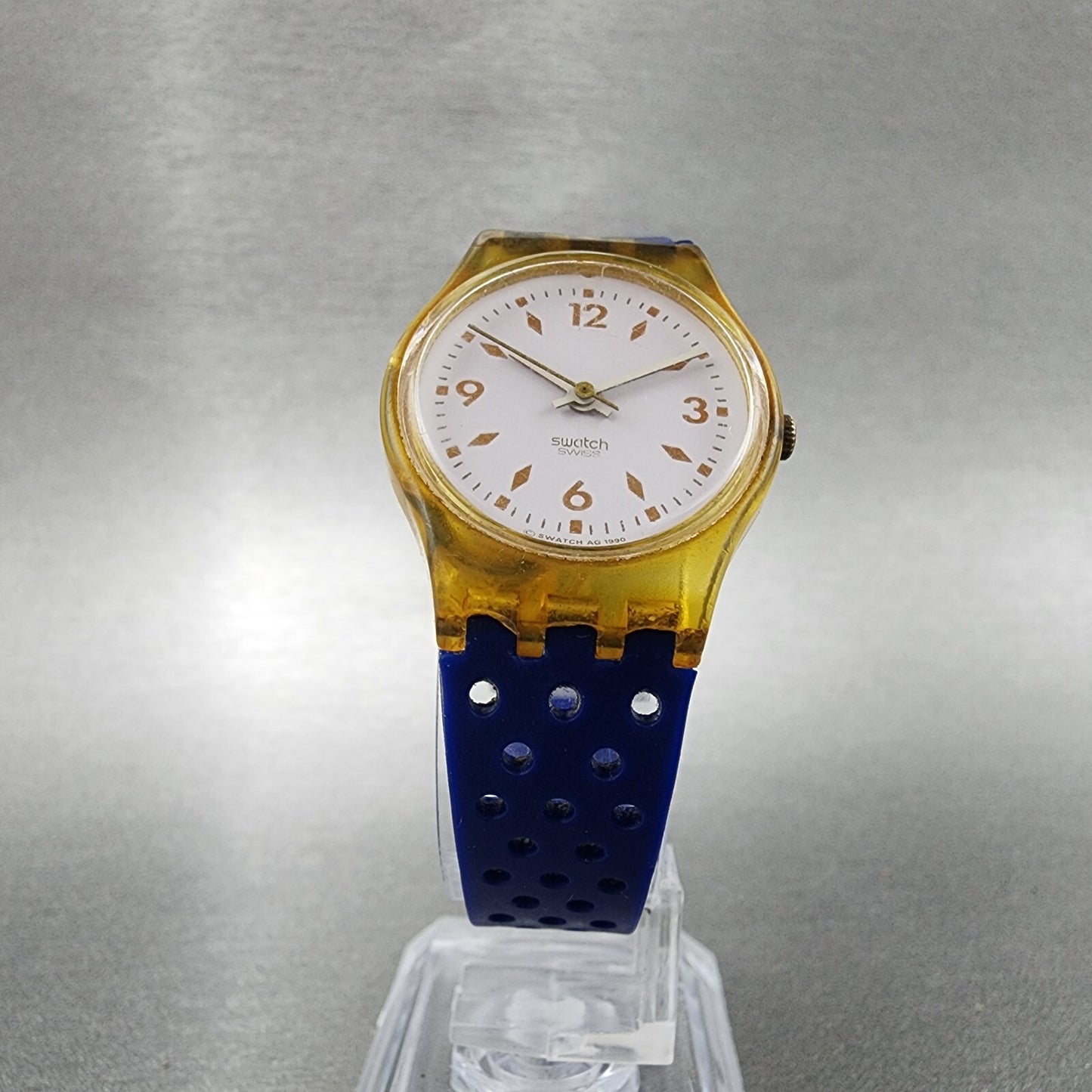Swatch Gold Bride Watch Women 25mm White Dial Clear Case Round LK123 New Battery