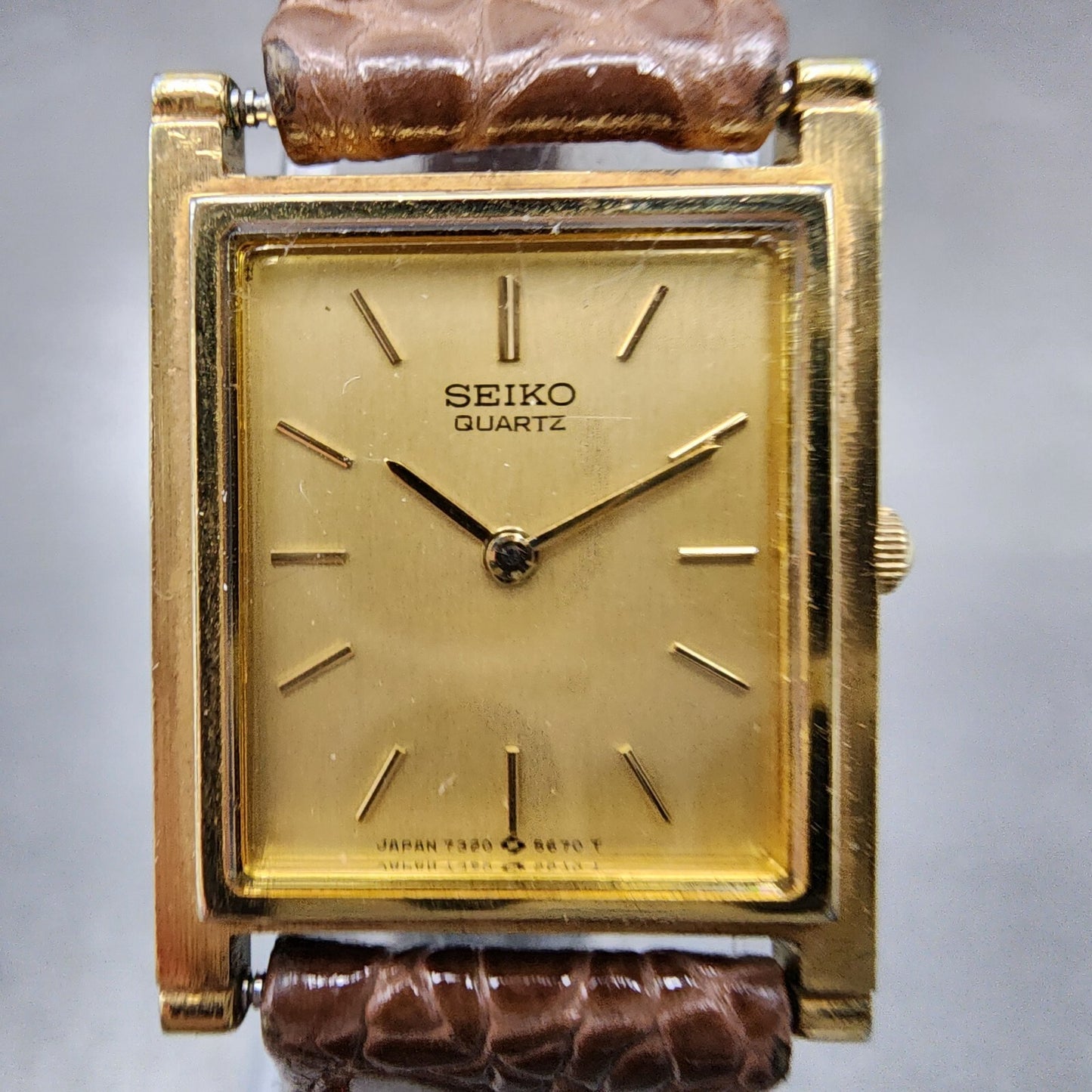 Seiko Tank Watch Women 20mm Champagne Dial Gold Tone 7320-5430 New Battery