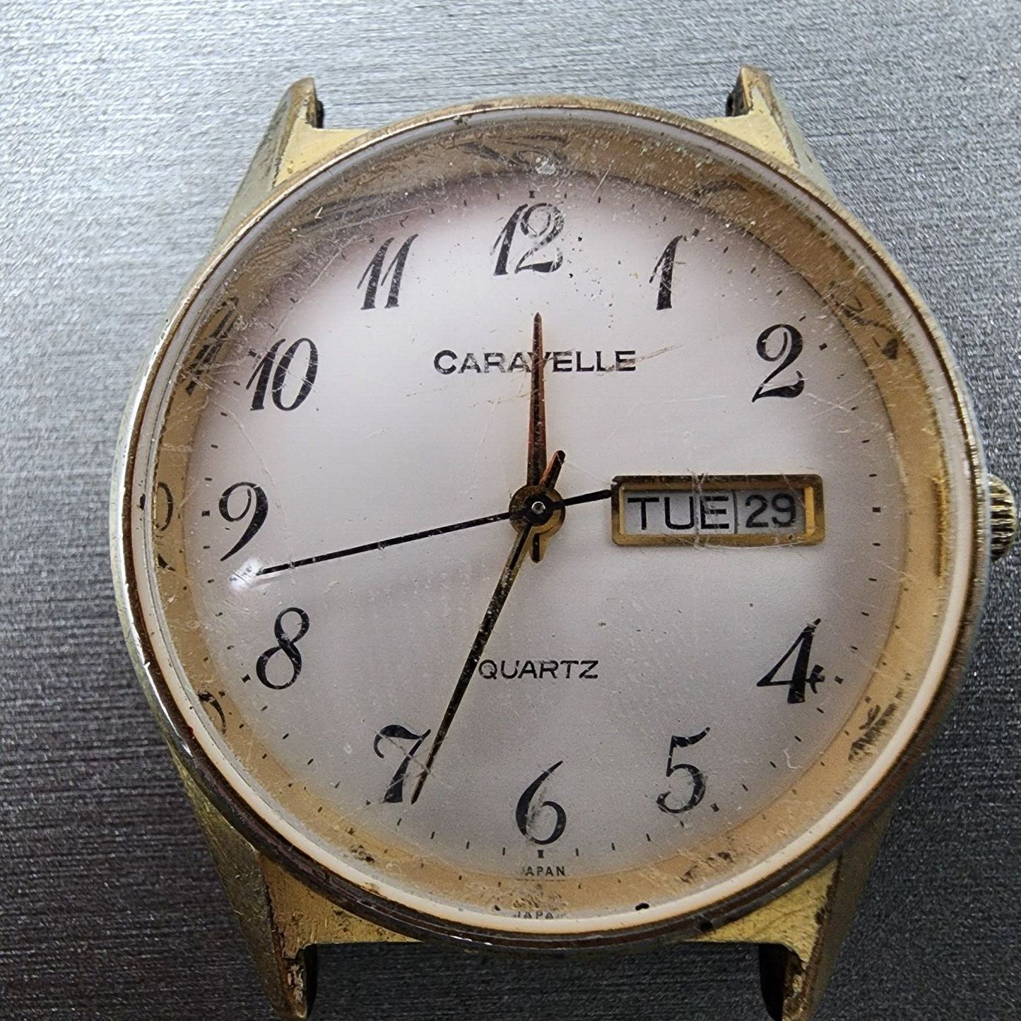 VTG Caravelle Watch Men 35mm White Dial Gold Tone Daydate Round PARTS