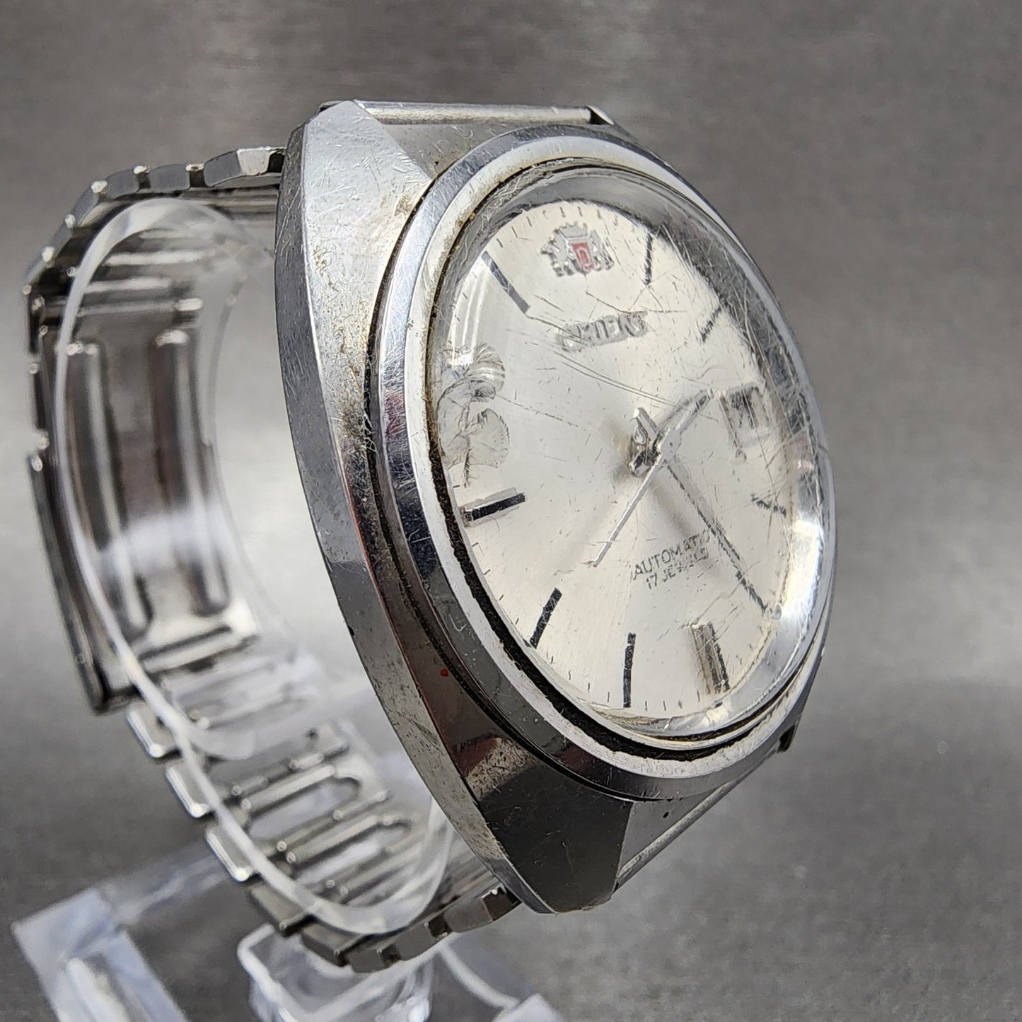 Orient Automatic Watch Men 37mm White Dial SIlver Tone Date NO CROWN Runs VTG