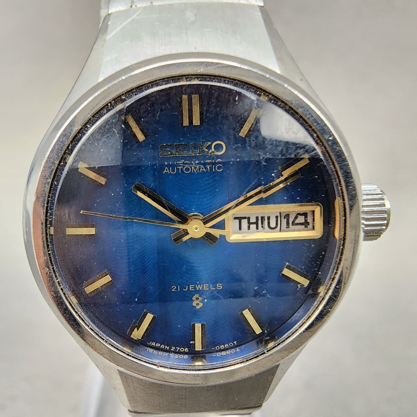 Seiko Automatic Watch Women 24mm Blue Dial Silver Tone Daydate 2706-0310 Runs