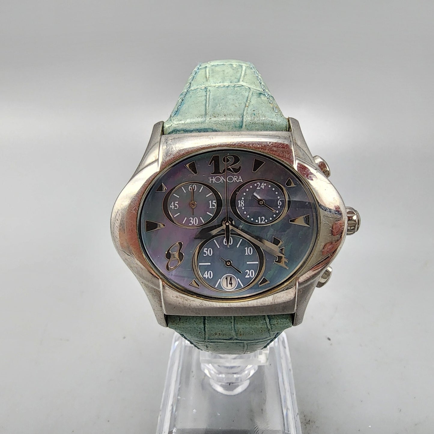 Honora Chronograph Watch Women 39mm MOP Dial Silver Tone Date Oval New Battery
