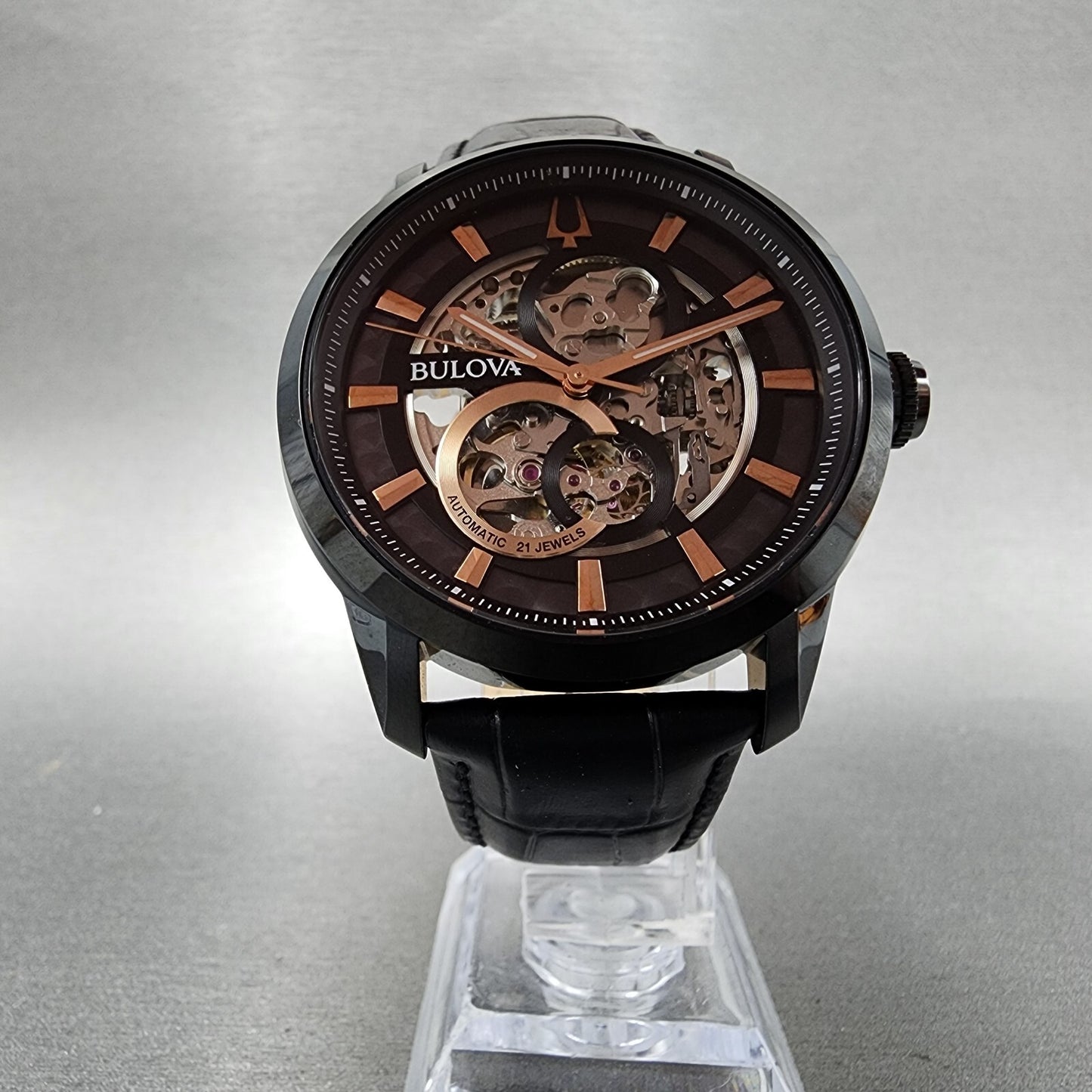 Bulova Sutton Watch Men 43mm Skeleton Dial Black Tone Round Automatic 98A283 B12