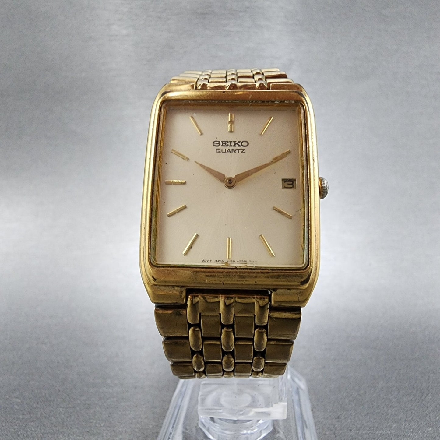 Seiko Tank Watch Men 27mm Champagne Dial Gold Tone Date 7n29-5b29 New Battery