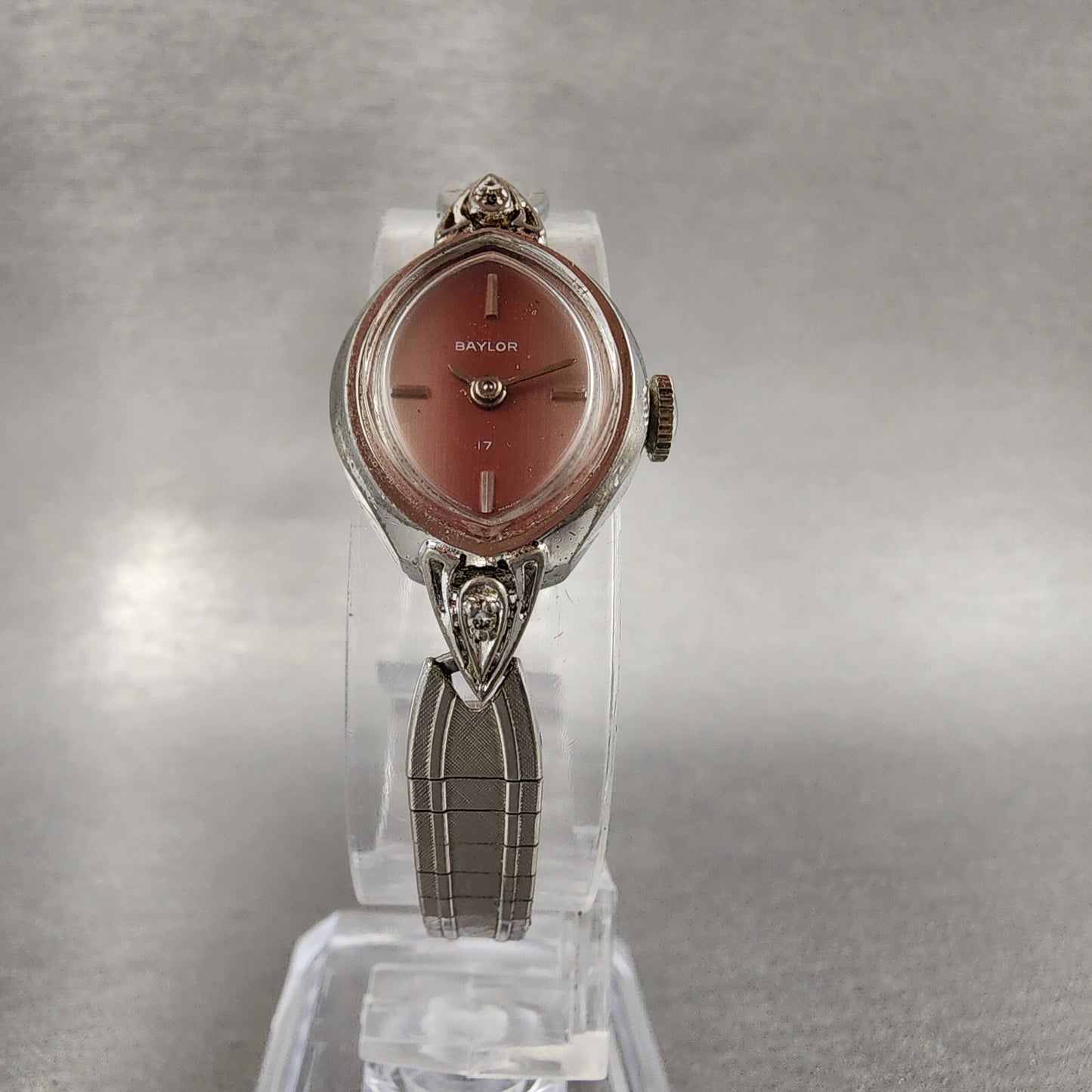 VTG Baylor Watch Women 17mm Pink Dial Silver Tone Oval Manual Wind Runs
