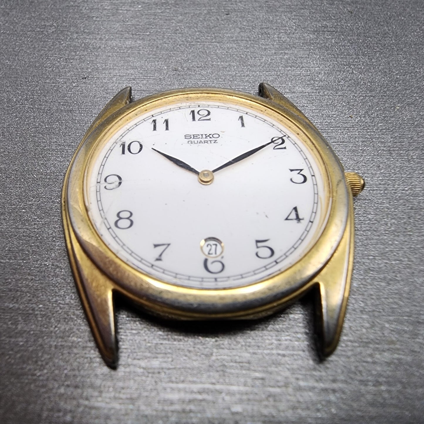 Seiko Watch Men 34mm White Dial Gold Tone Date Round 5E29-7A20 PARTS