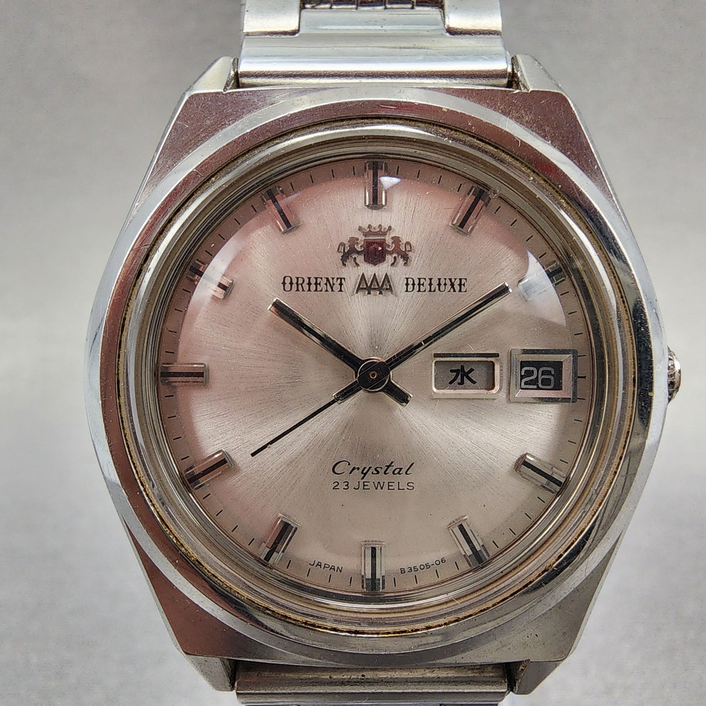 Orient AAA Deluxe Crystal Watch Men 35mm Silver Dial Steel Daydate Automatic