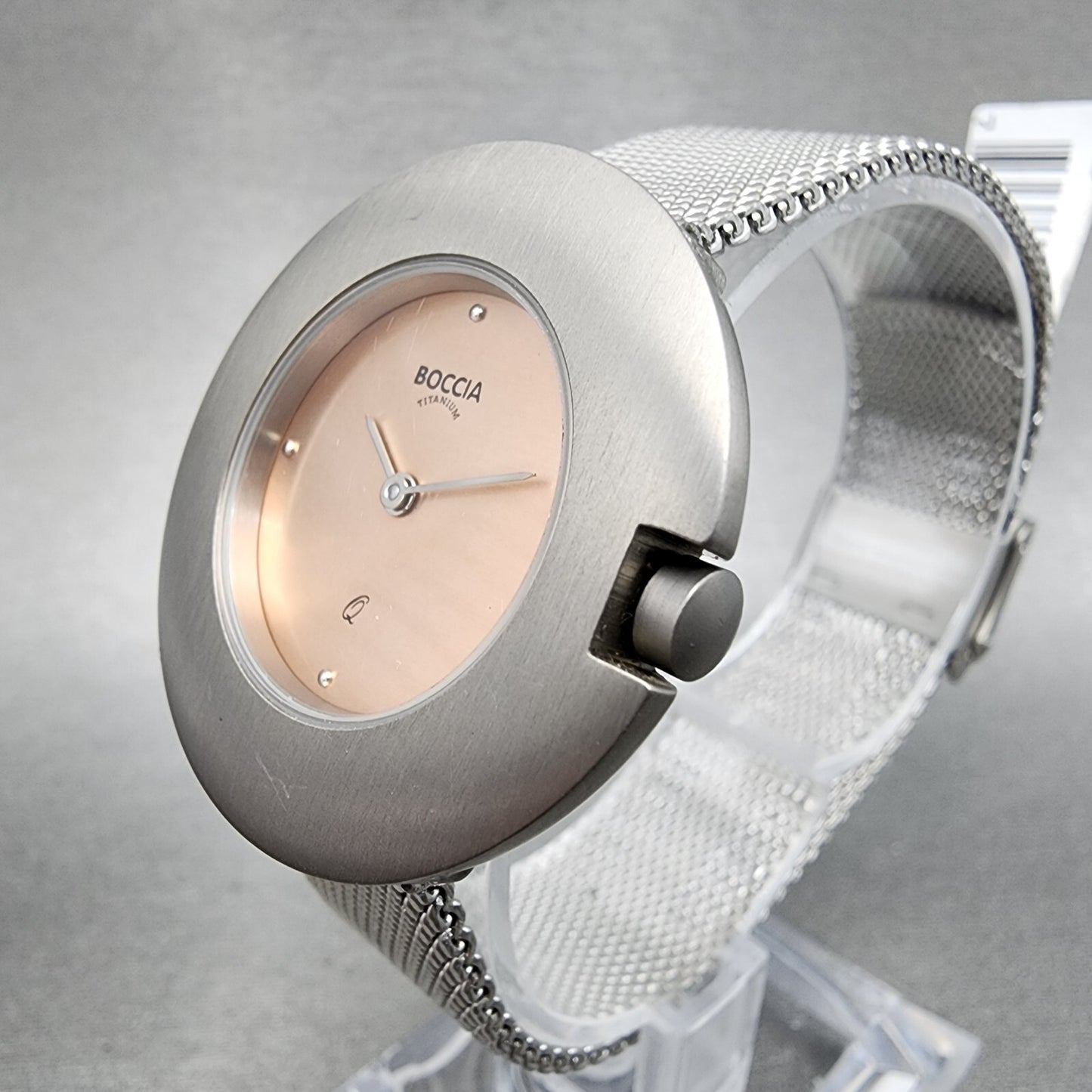 Boccia Titanium Watch Women 34mm Pink Dial Gray Case Round Mesh Band New Battery