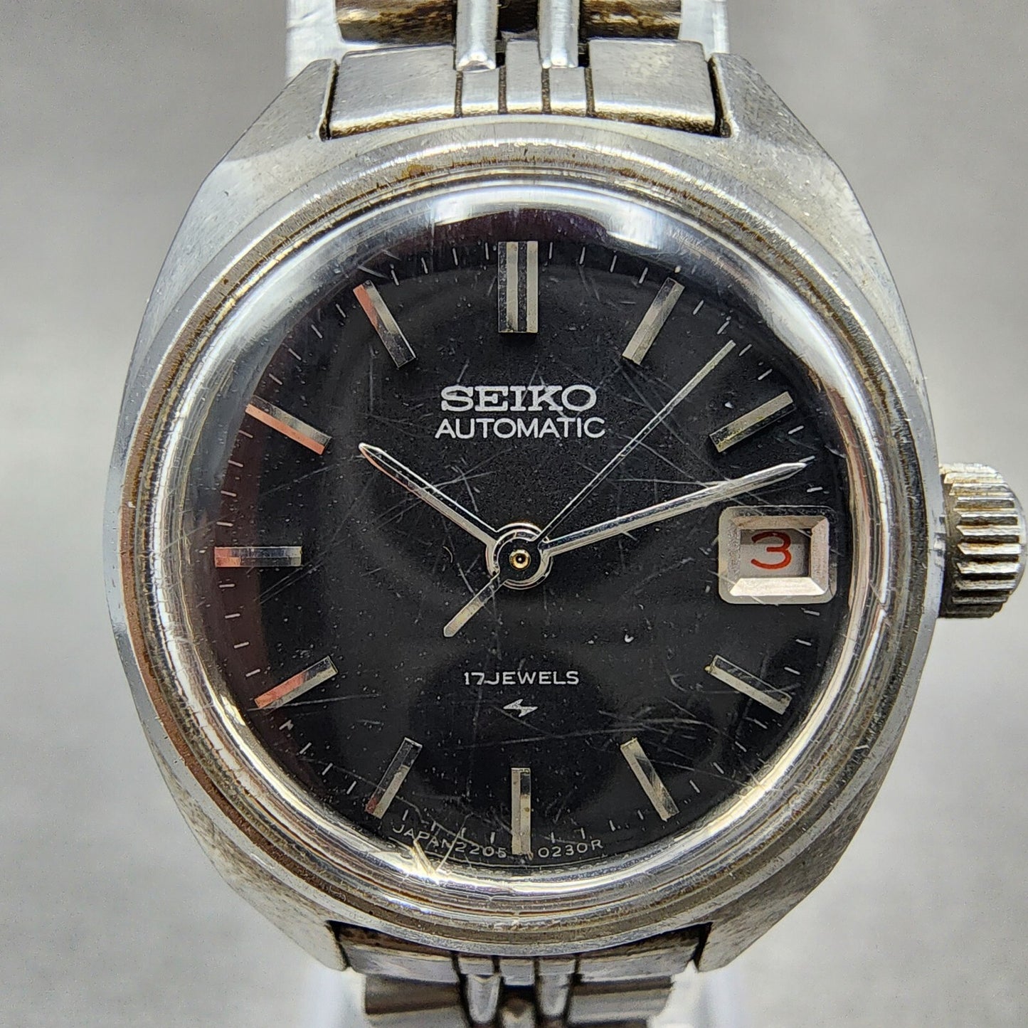 Seiko Automatic Watch Women 24mm Black Dial Silver Tone Date 2205-0050 Runs