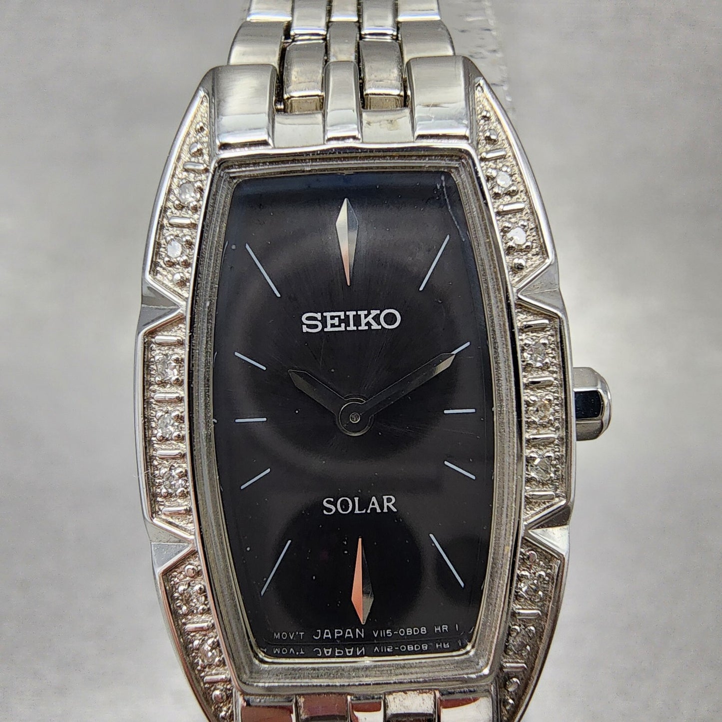 Seiko Solar Tank Watch Women 18mm Black Dial Silver Tone V115-0an0 Runs