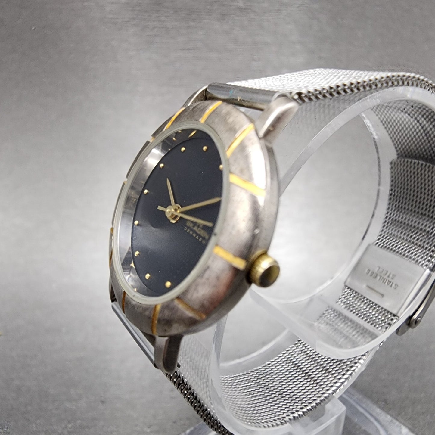 Skagen Watch Women 25mm Black Dial Two Tone Round 3SGSB Mesh Nand New Battery