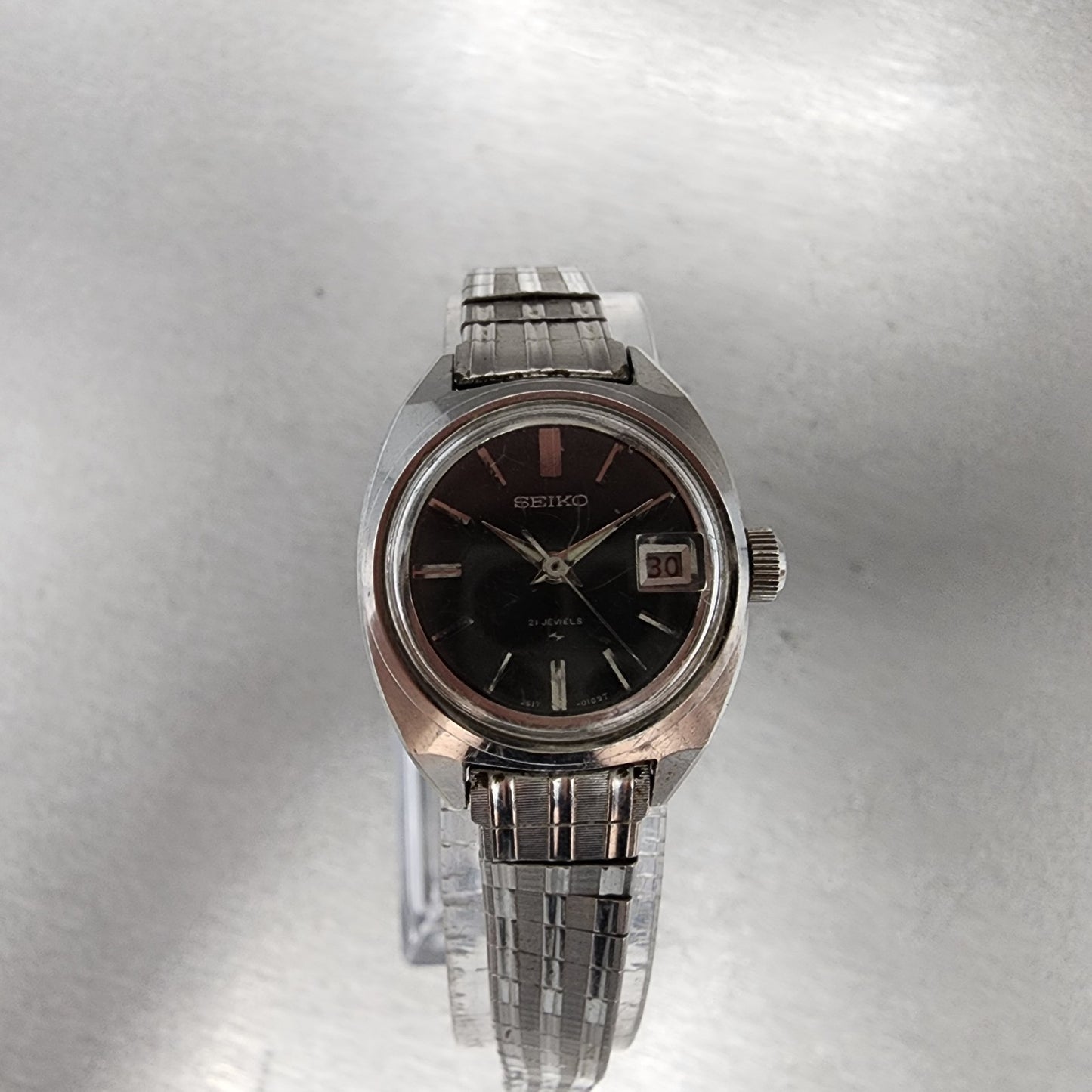 Seiko Automatic Watch Women 23mm Black Dial Silver Tone Date 2517-0221 PARTS