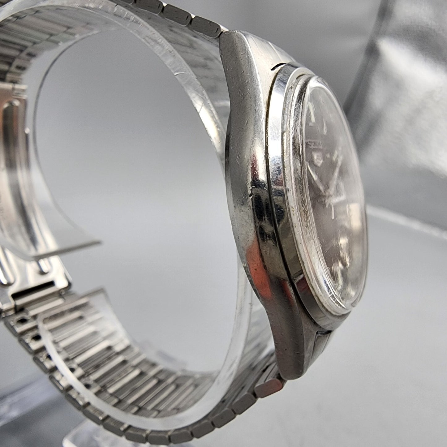 VTG Seiko 5 Watch Men 34mm Gray Dial Silver Tone Daydate Round 8C23-6010 New Bat