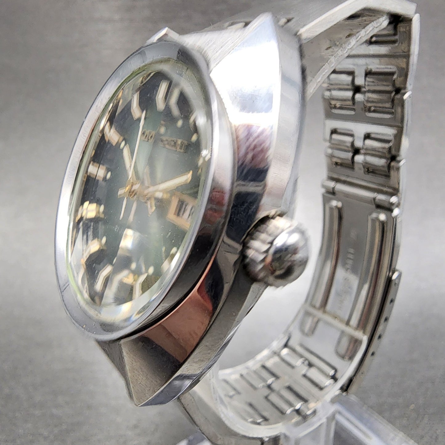 Orient Unimatic Watch Men 37mm Green Dial Daydate Steel Cushion f149-10660 Runs