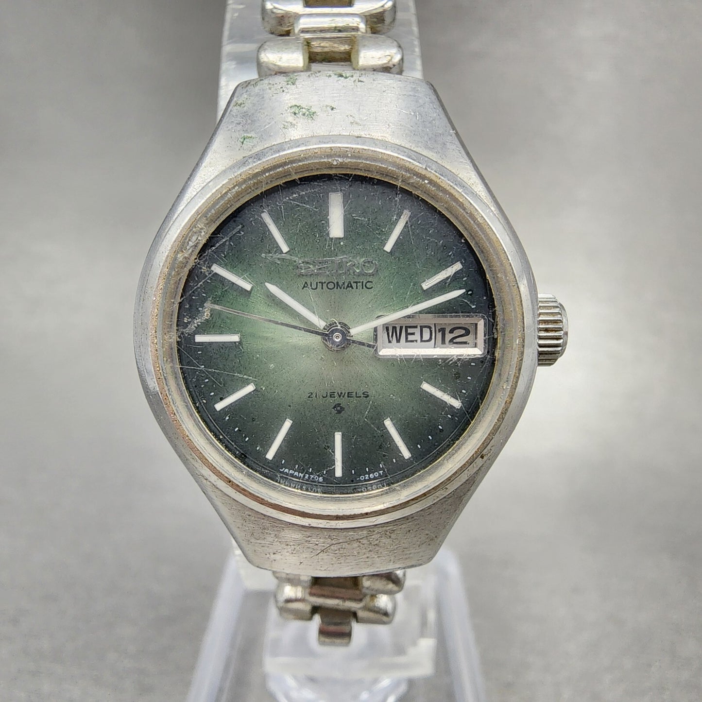 Seiko Automatic Watch Women 24mm Green Dial Silver Tone Daydate 2706-0110 Runs