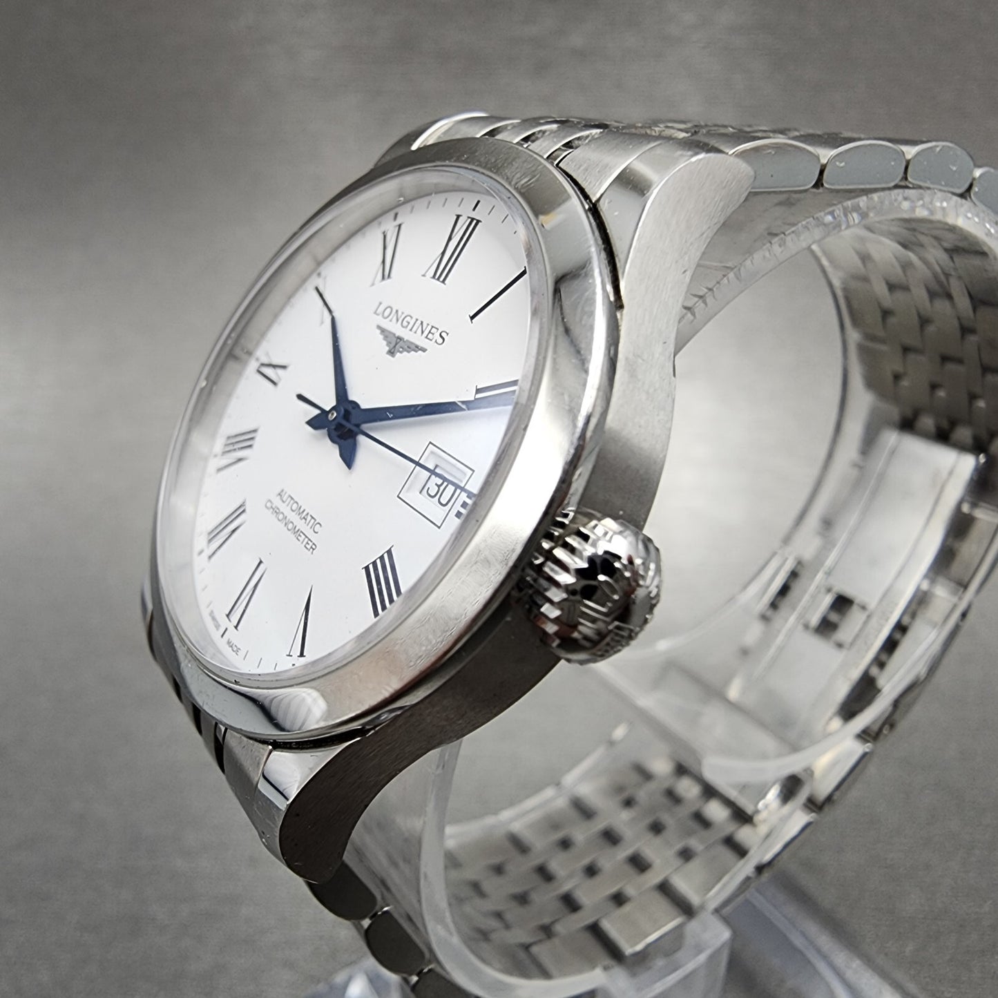 Longines Record Automatic Watch Women 30mm White Dial Steel Date Chronometer