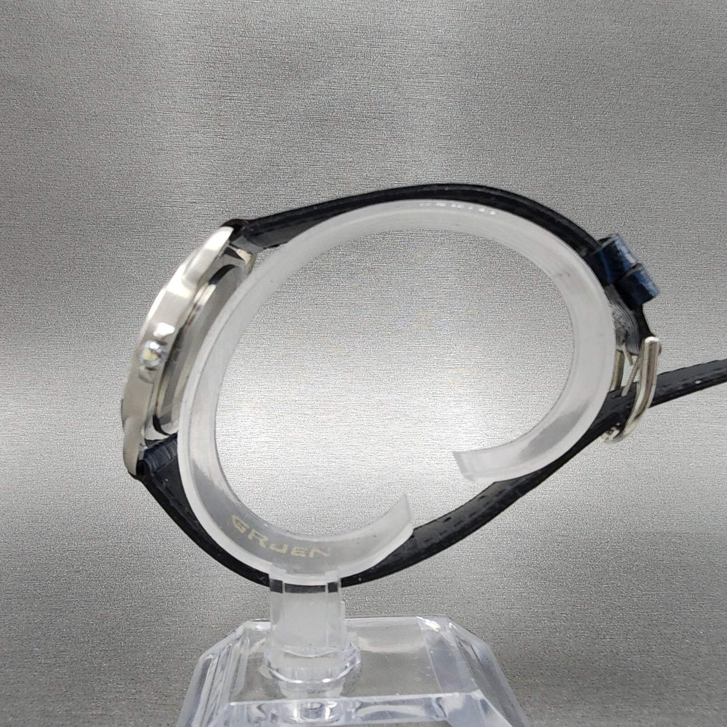 Gruen Watch Men 34mm Blue Dial Silver Tone Round Leather Band New Battery