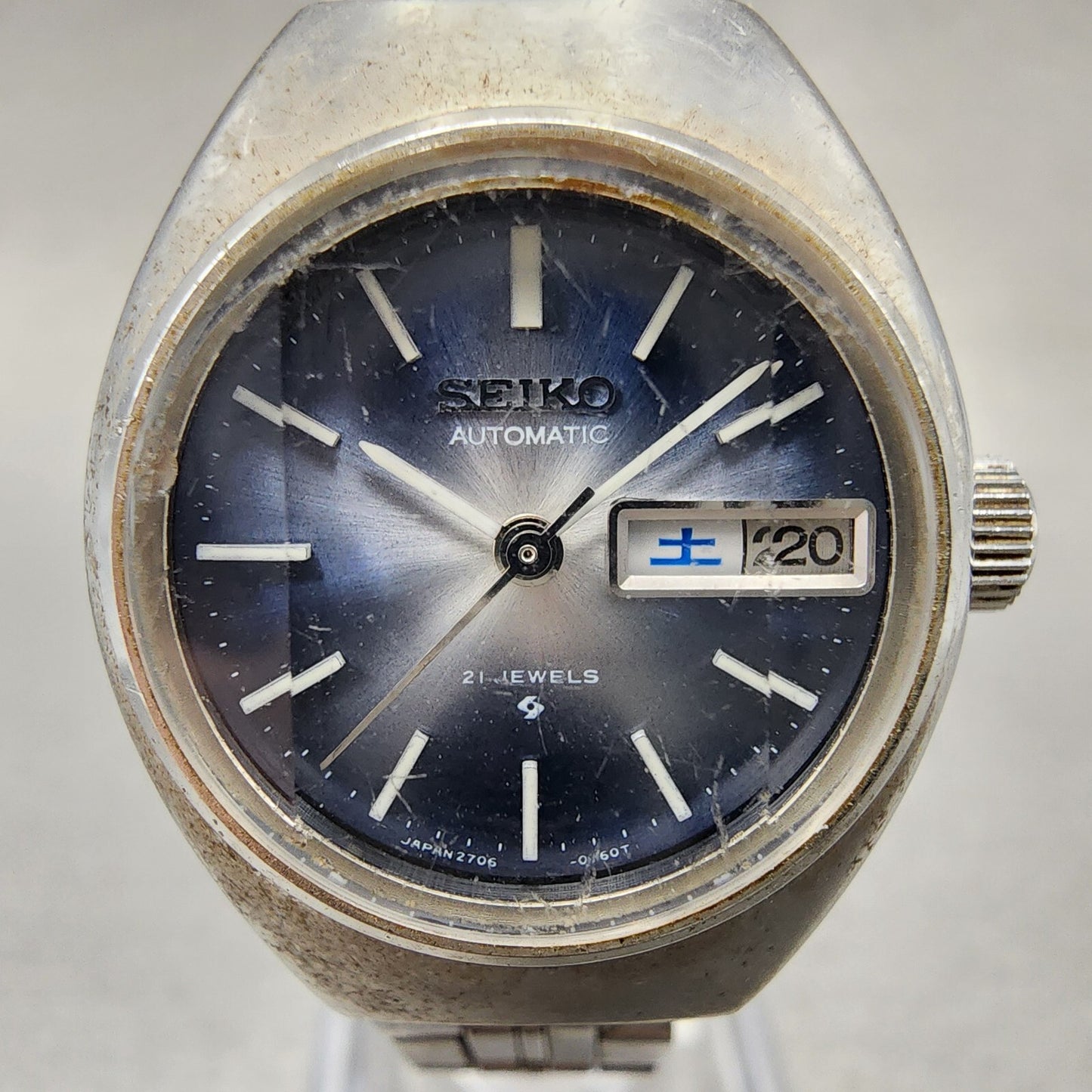 Seiko Automatic Watch Women 24mm Blue Dial Silver Tone Daydate 2706-0200 Runs