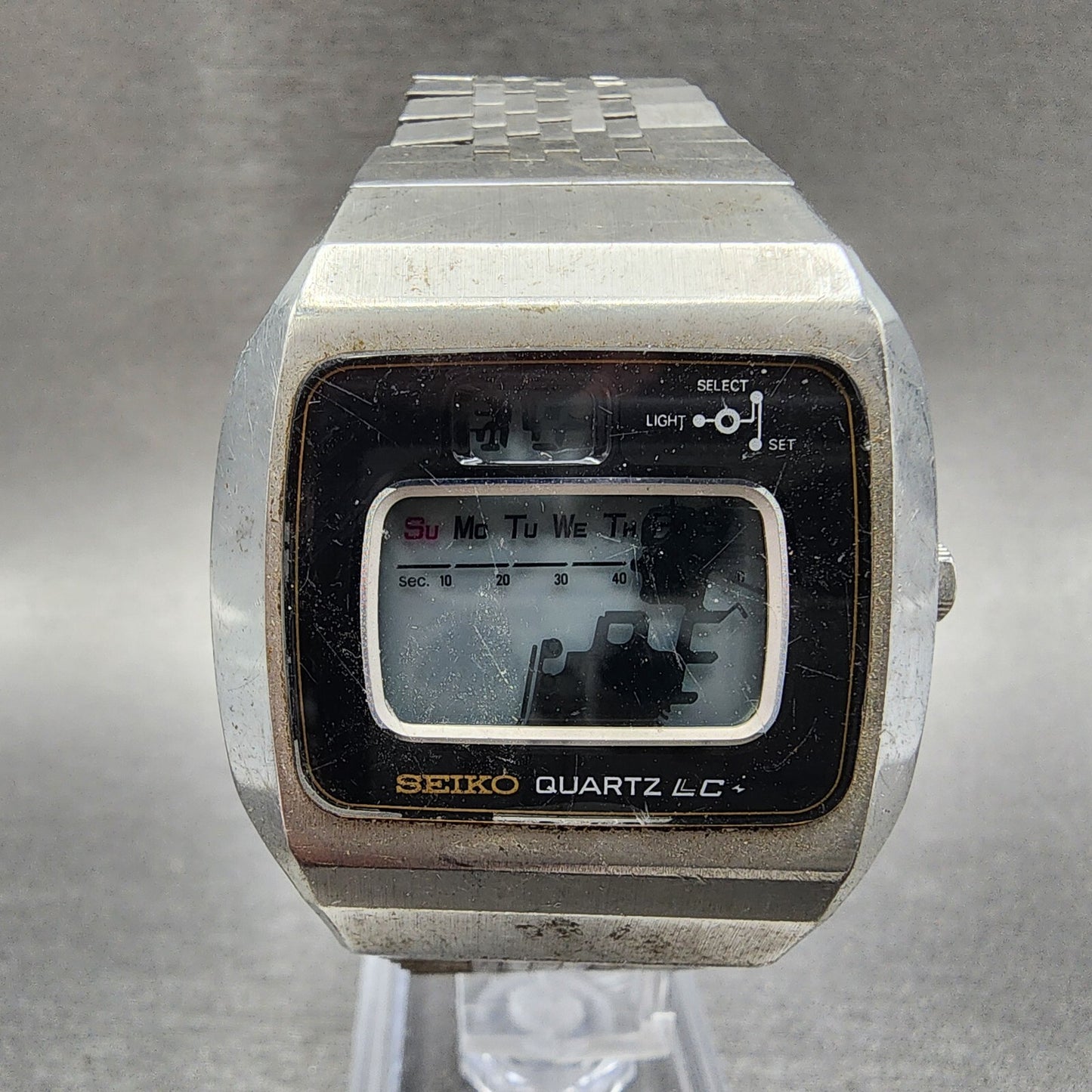Seiko Digital Watch Men 37mm LCD Steel Daydate Rectangle 0114-0020 PARTS