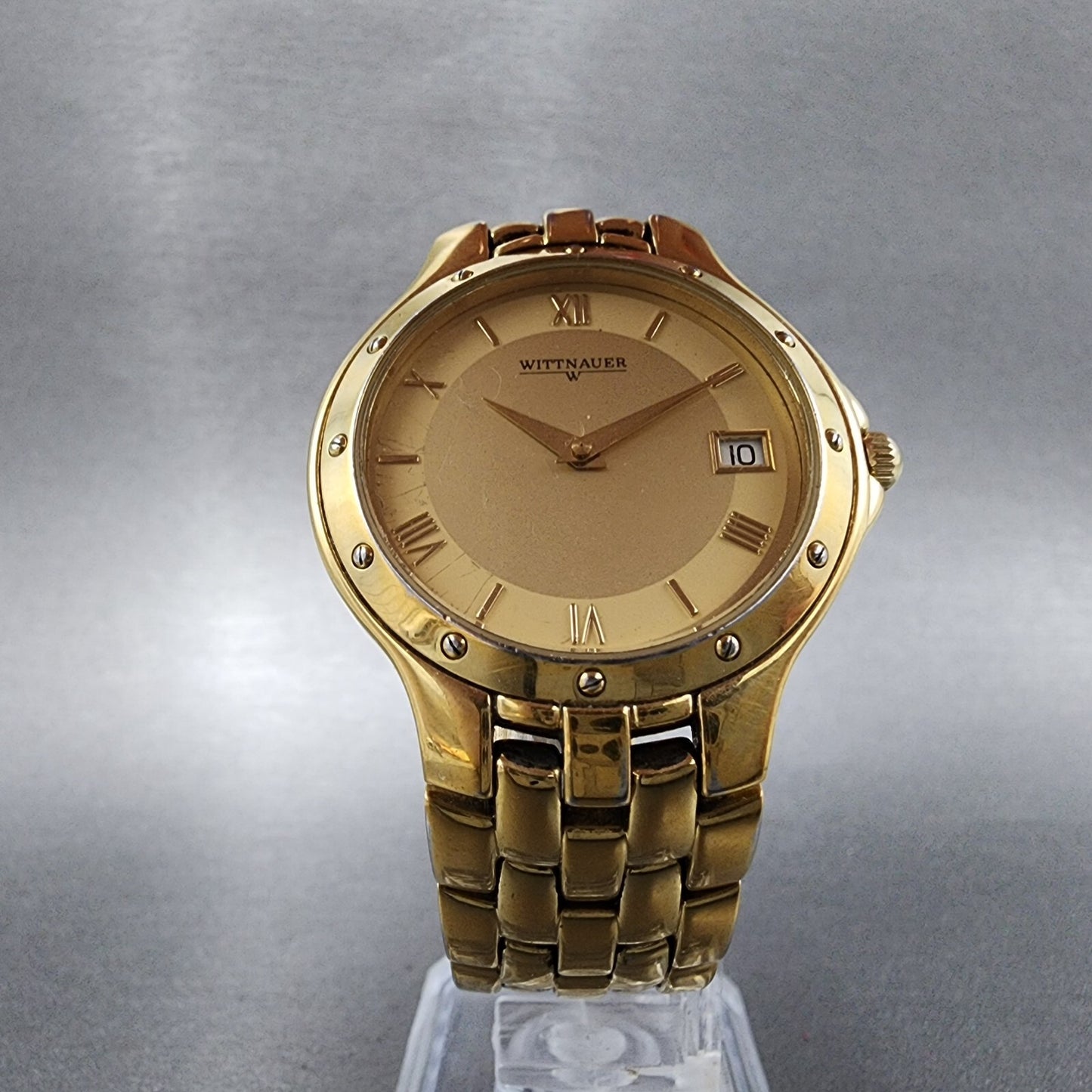 Wittnauer Watch Men 35mm Gold Dial Gold Tone Date Round JV8223 9514 New Battery