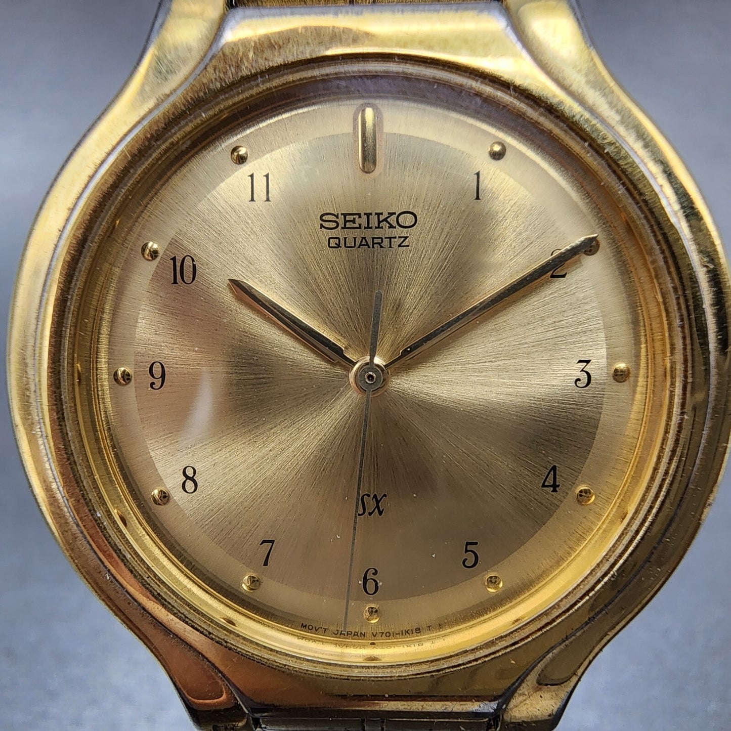 Seiko SX Watch Men 34mm Gold Dial Gold Tone Round V701-6J60 PARTS REPAIR