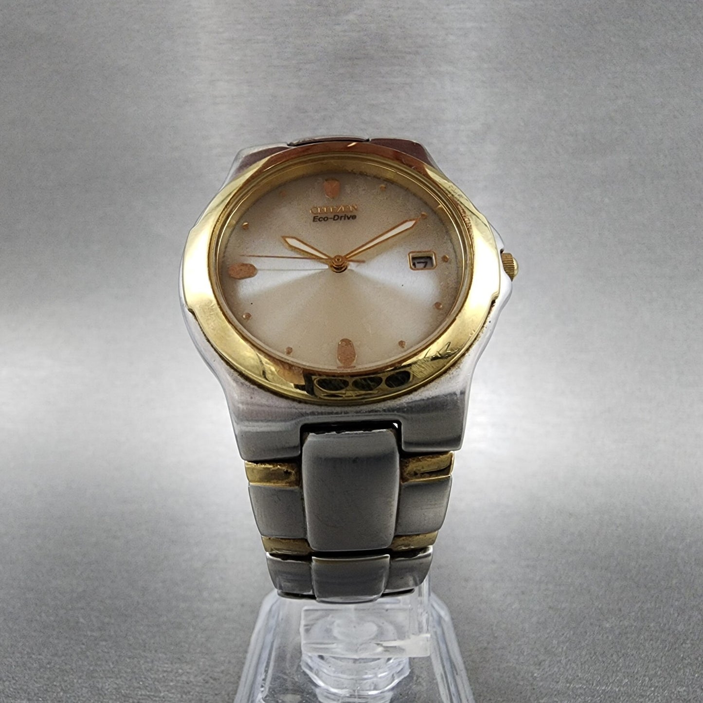 Citizen Eco-Drive Watch Men 36mm White Dial Two Tone Date Round E110-K16768 Runs