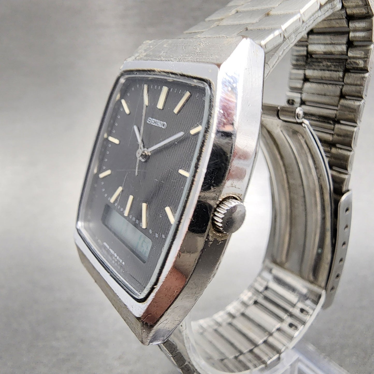 Seiko Analog Digital Watch Men 30mm Gray Dial Steel Rectangle H601-5060 New Batt