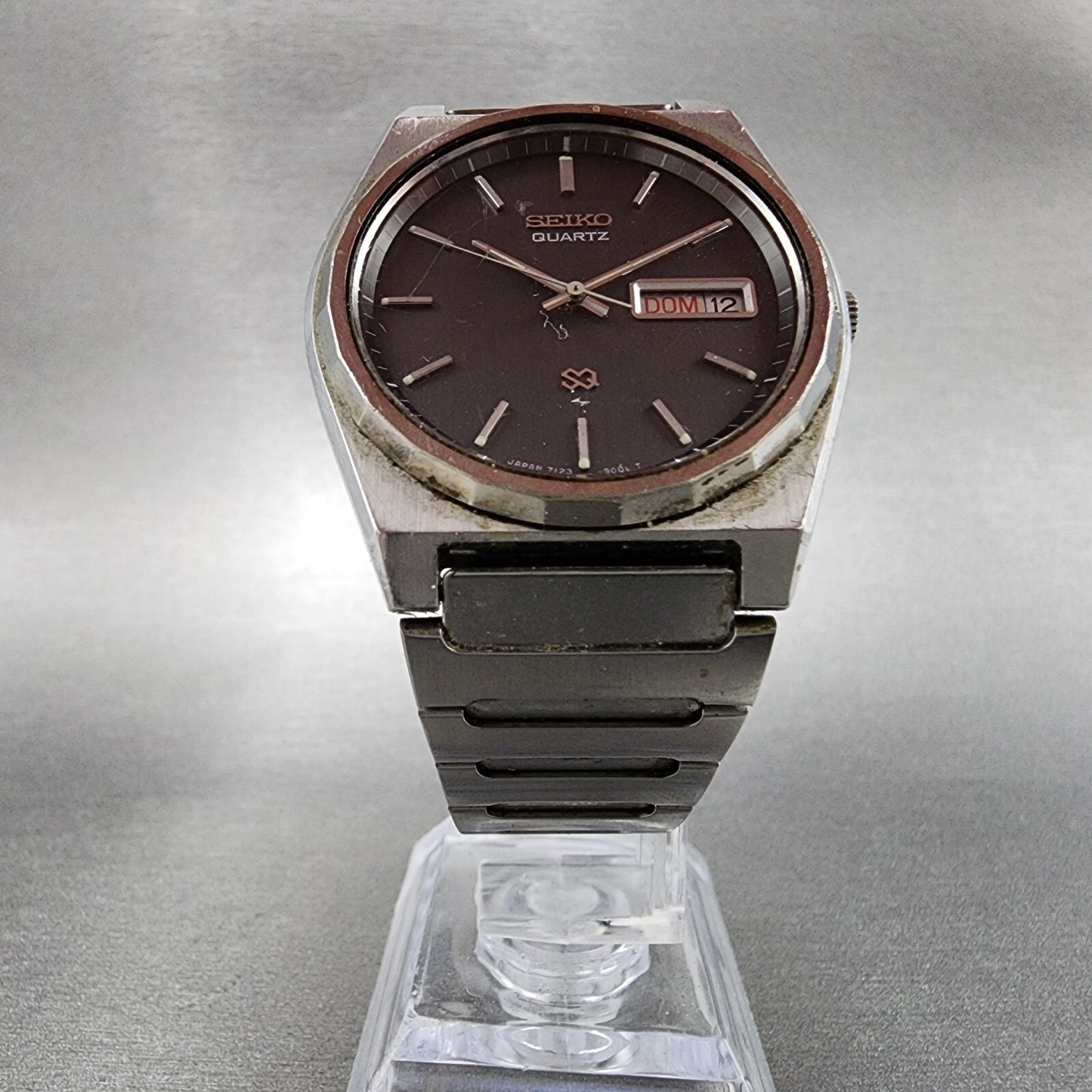 Seiko SQ Watch Men 37mm Gray Dial Steel Daydate Round 7123-9009 PARTS