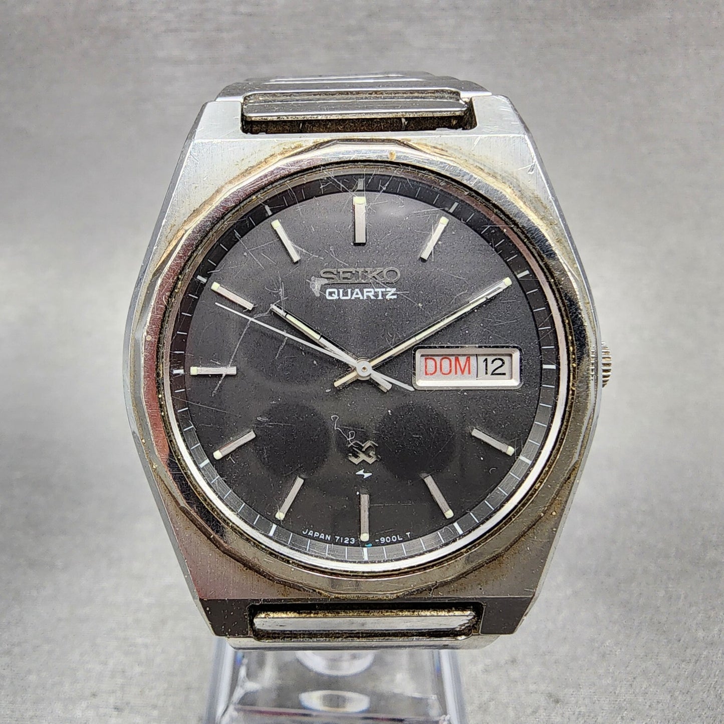 Seiko SQ Watch Men 37mm Gray Dial Steel Daydate Round 7123-9009 PARTS