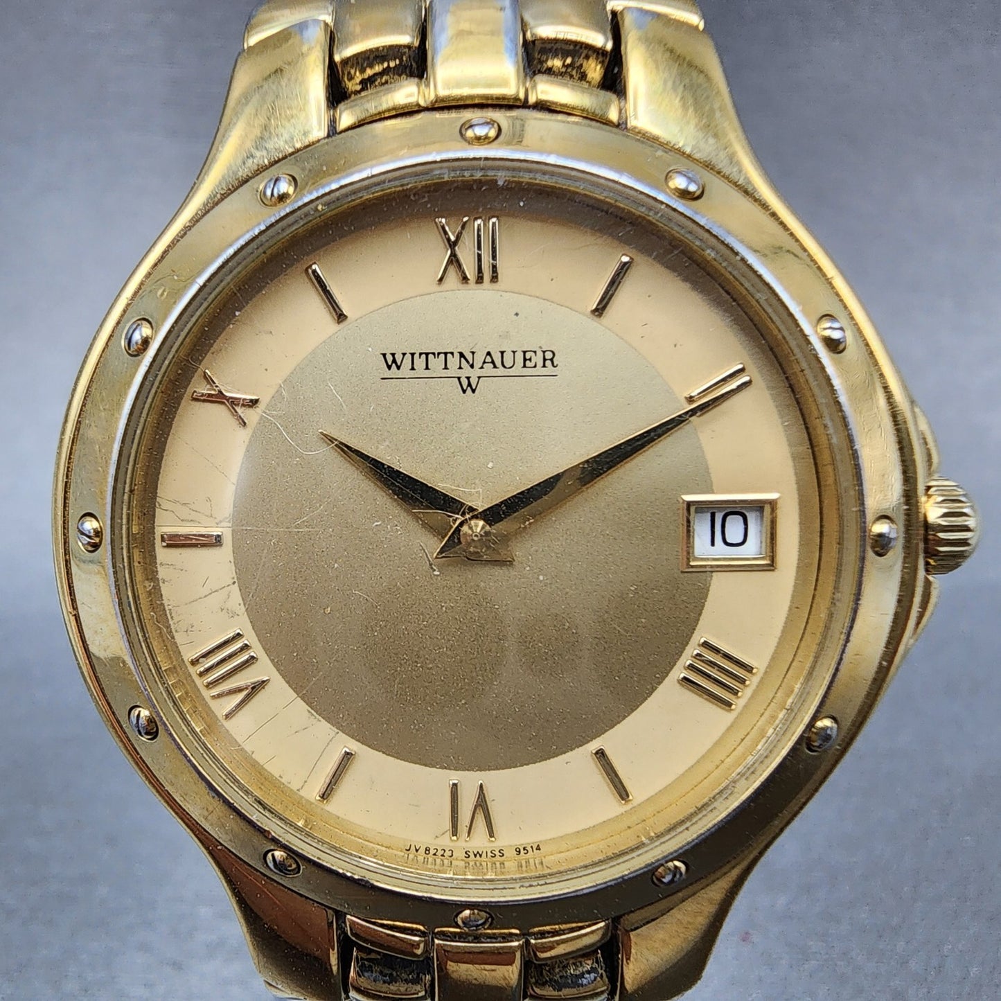 Wittnauer Watch Men 35mm Gold Dial Gold Tone Date Round JV8223 9514 New Battery