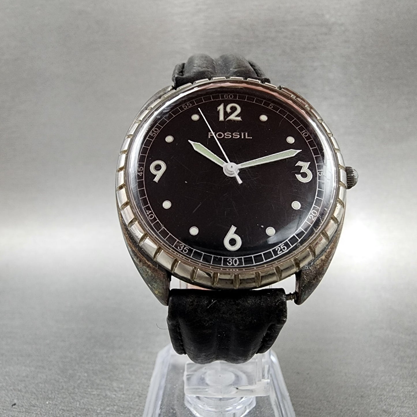 Fossil Watch Men 35mm Black Dial Silver Tone Round VT-2420 New Battery