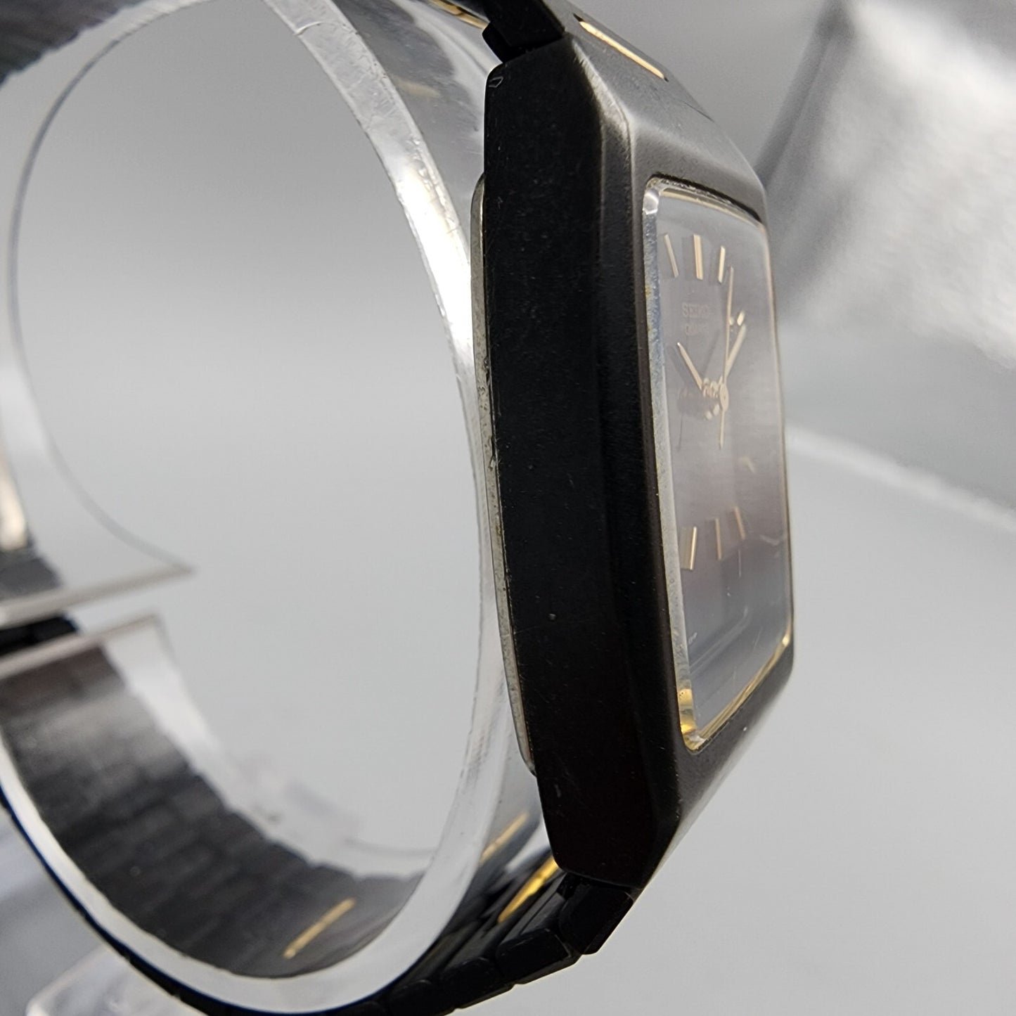 VTG Seiko Watch Women 22mm Analog Digital Black Gold Tone Rectangle New Battery