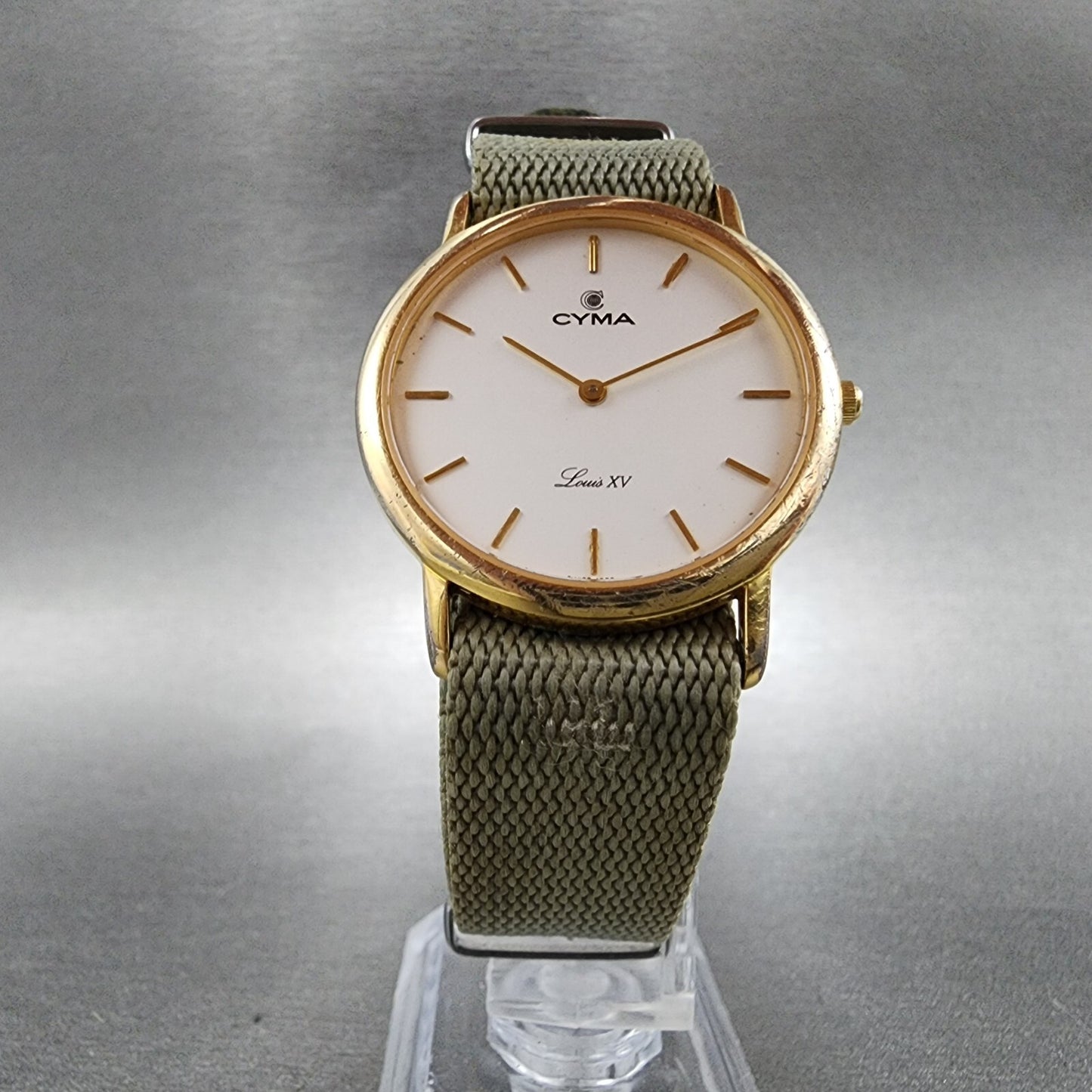 Cyma Louis XV Watch Men 32mm White Dial Gold Tone Round Nato Strap New Battery