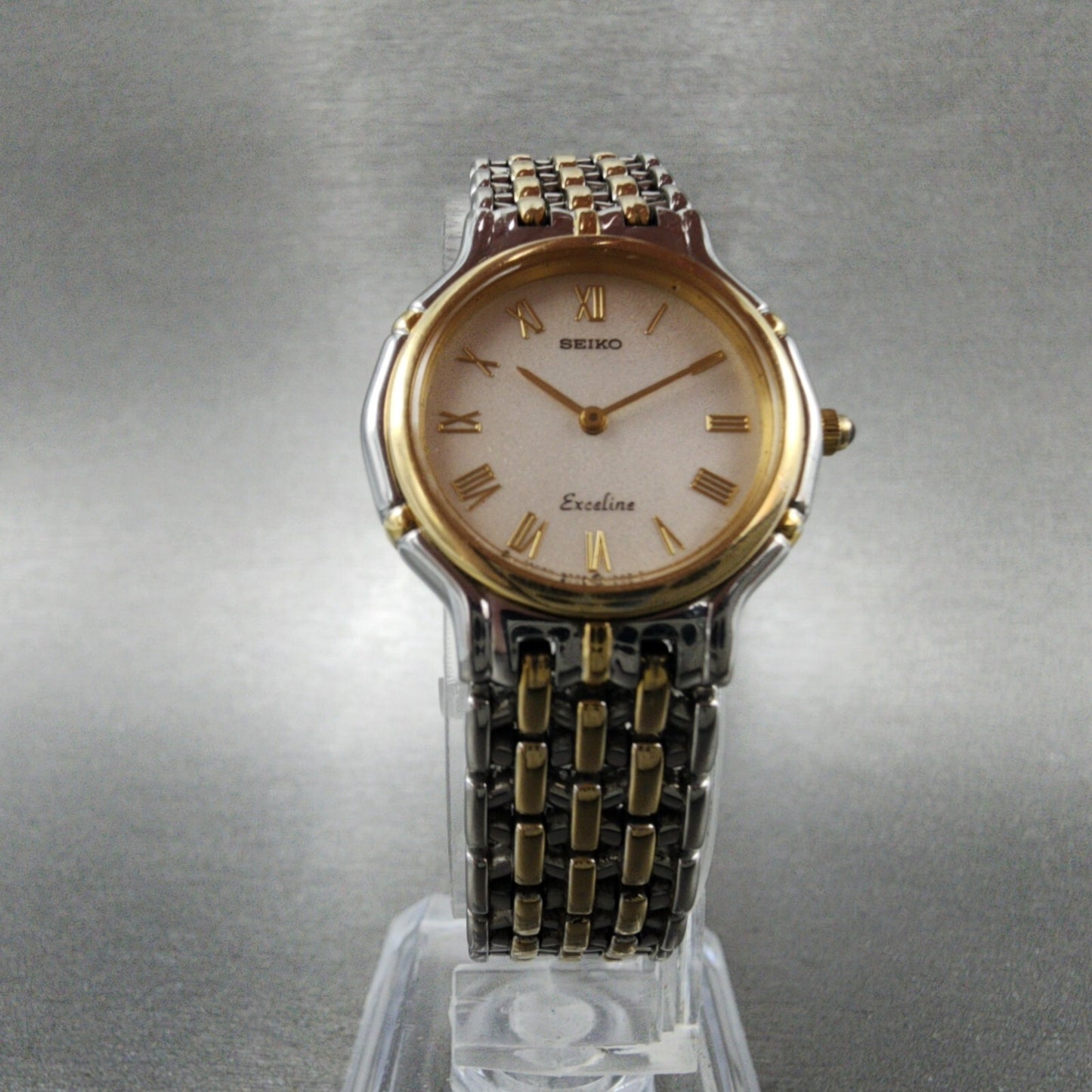 Seiko Exceline Watch Women 24mm Silver Dial Two Tone Round 7320-0410 New Battery