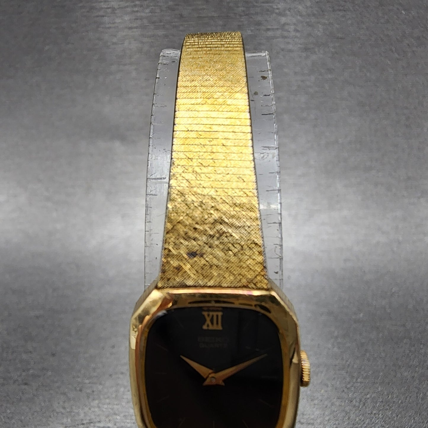 Seiko Watch Women 17mm Black Dial Gold Tone Rectangle 1400-8149 New Battery VTG