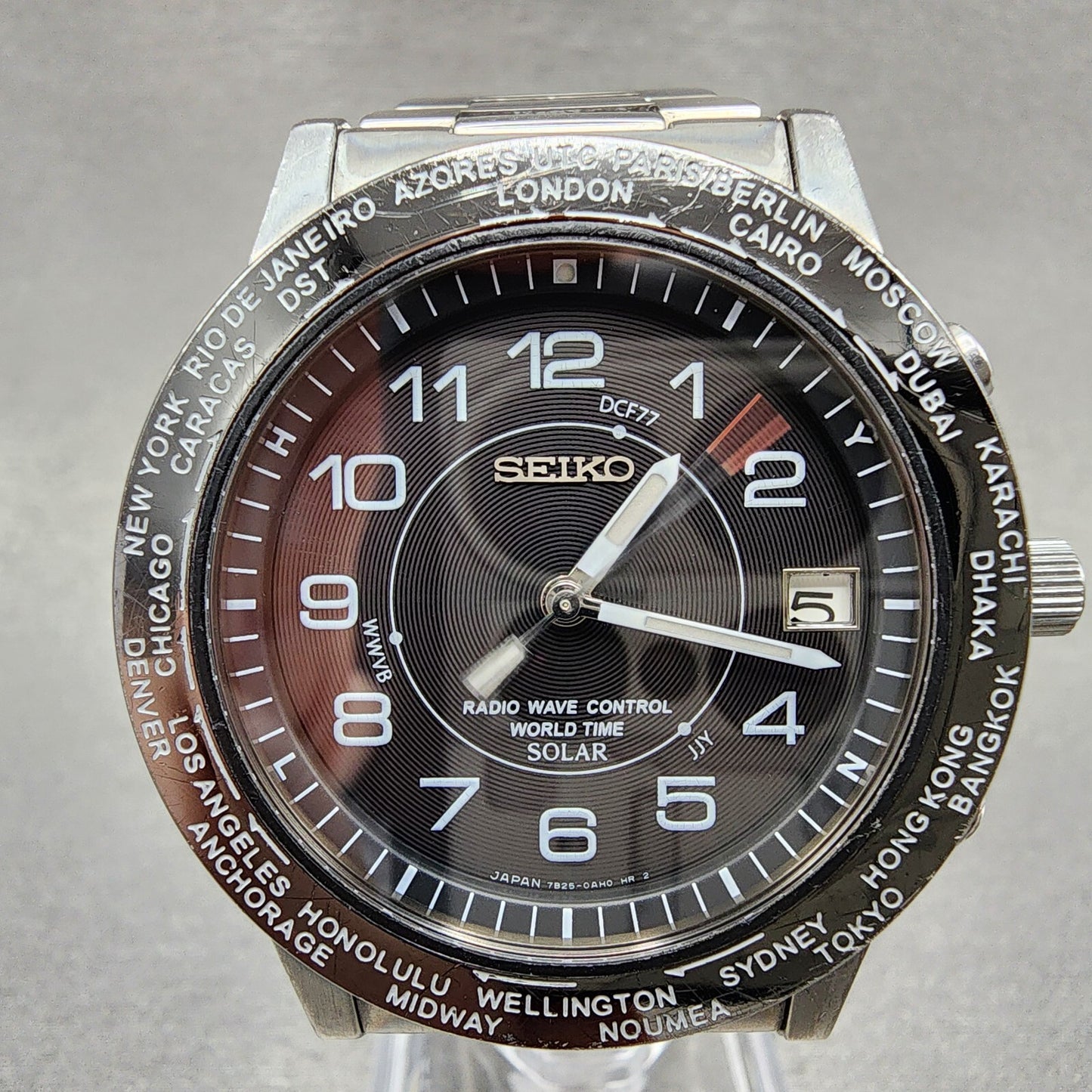 Seiko World Time Solar Watch Men 39mm Black Dial Silver Tone Date 7b25-0ad0 Runs