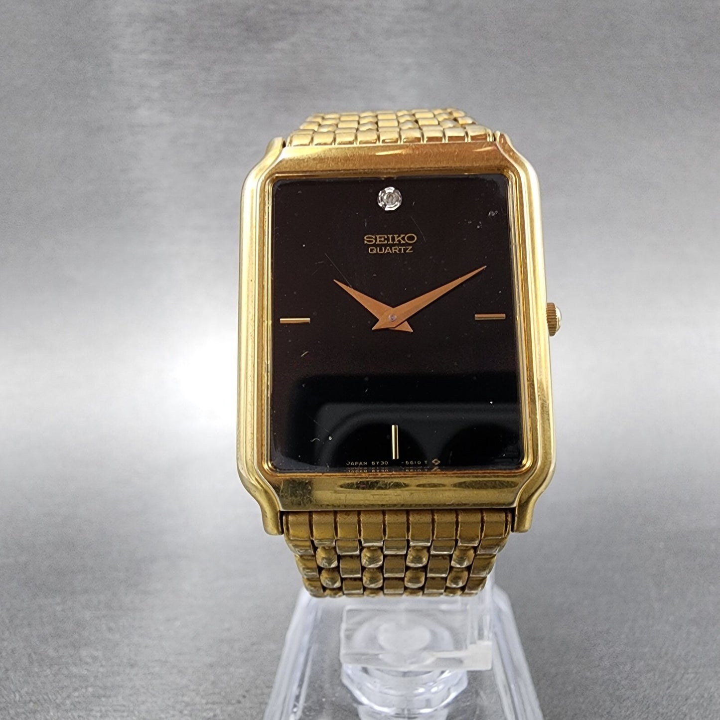 Seiko Tank Watch Men 27mm Black Dial Gold Tone Rectangle 5Y30-5189 New Battery