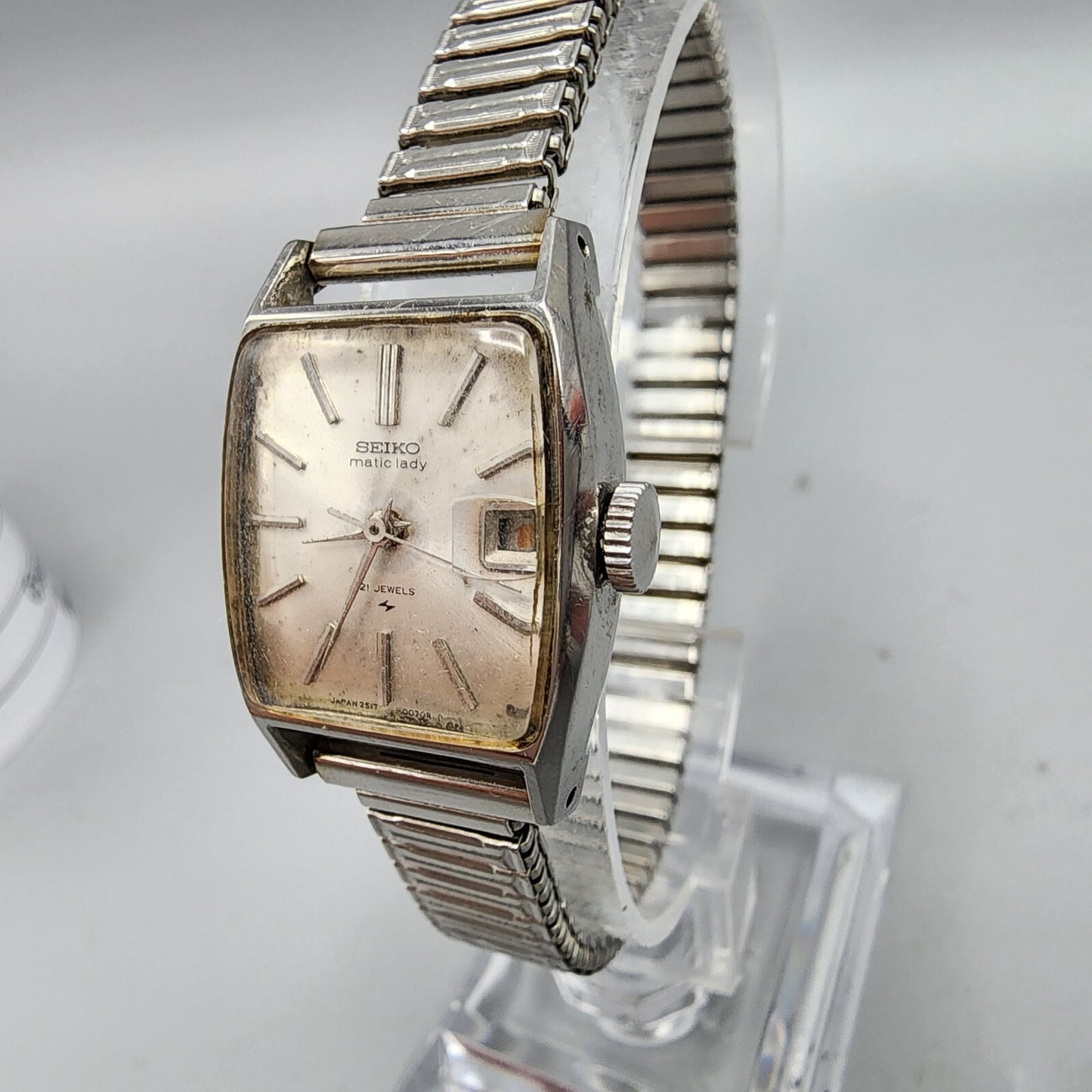 Vintage Seiko Matic lady Watch women Silver Tone White Dial Date21 Jewels Works