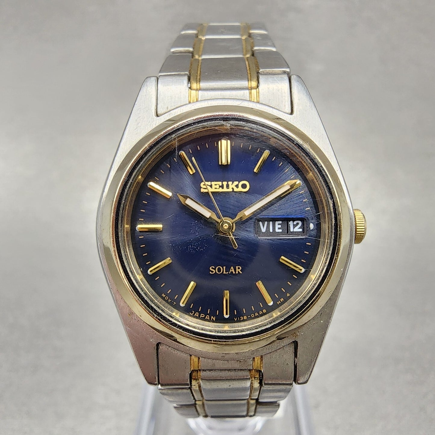 Seiko Solar Watch Women 25mm Blue Dial Two Tone Daydate Round V138-0AA0 Runs