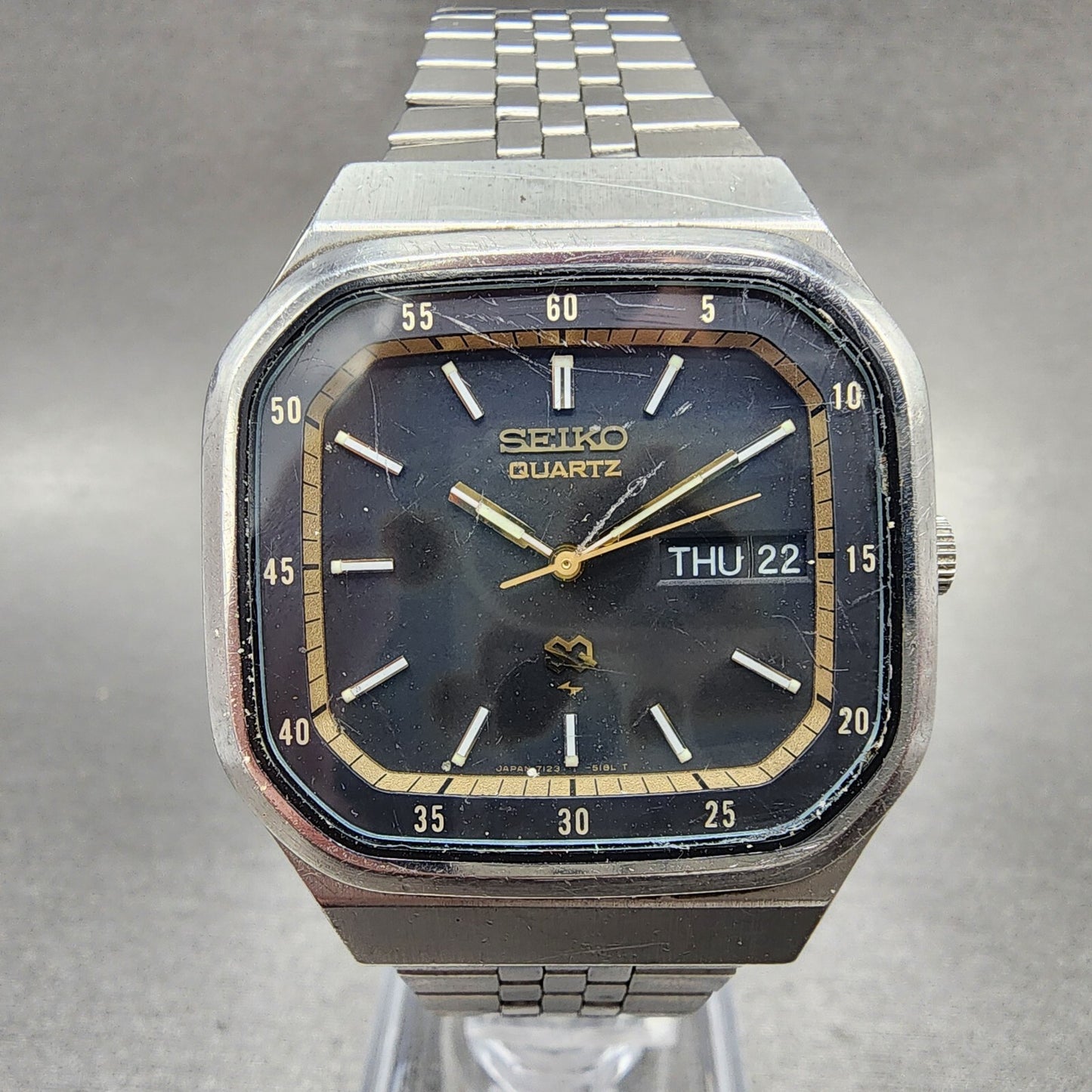 Seiko SQ Watch Men 36mm Black Dial Stainless Steel Daydate Rectangle New Battery