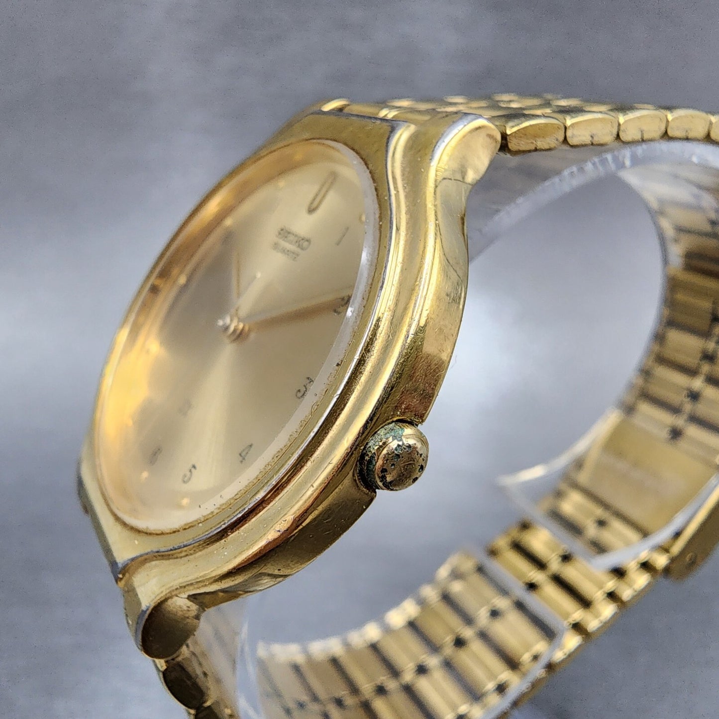 Seiko SX Watch Men 34mm Gold Dial Gold Tone Round V701-6J60 PARTS REPAIR
