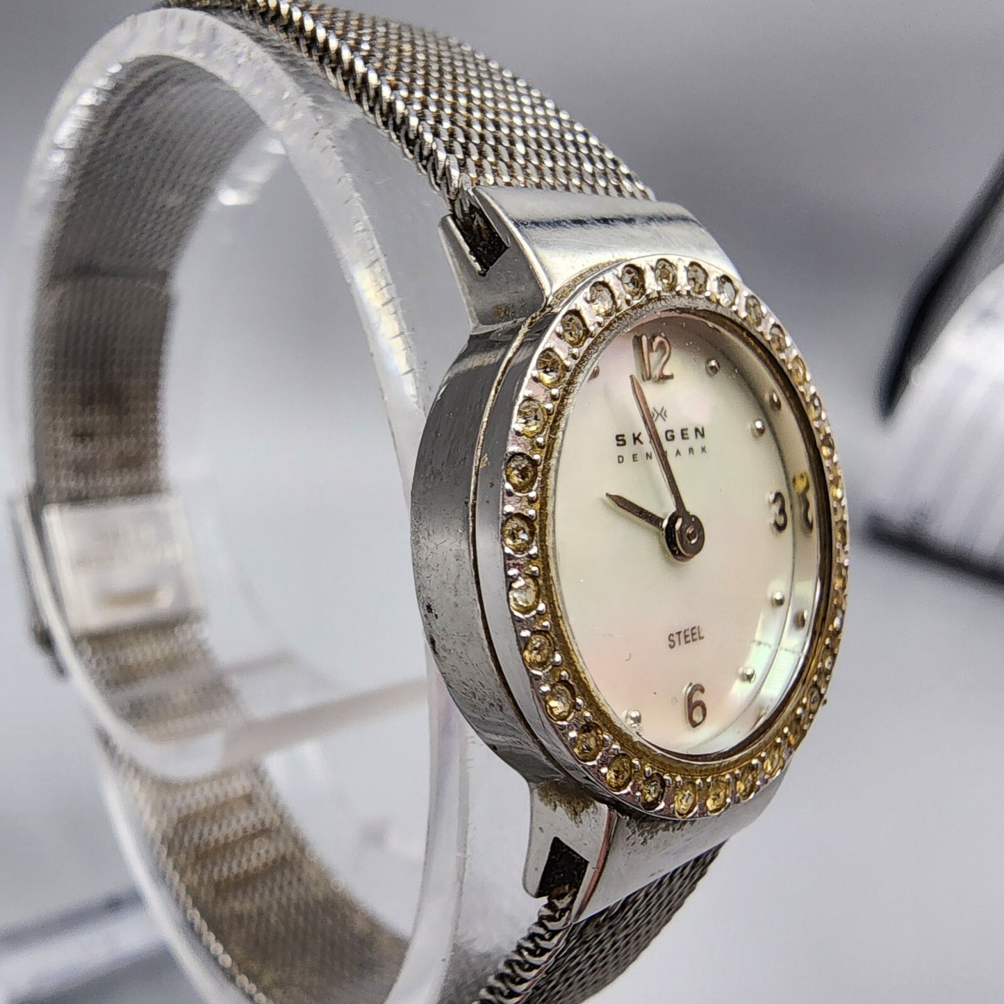Skagen Steel Watch Women Silver Tone MOP Dial 19mm Round 590SSSMPCR New Battery