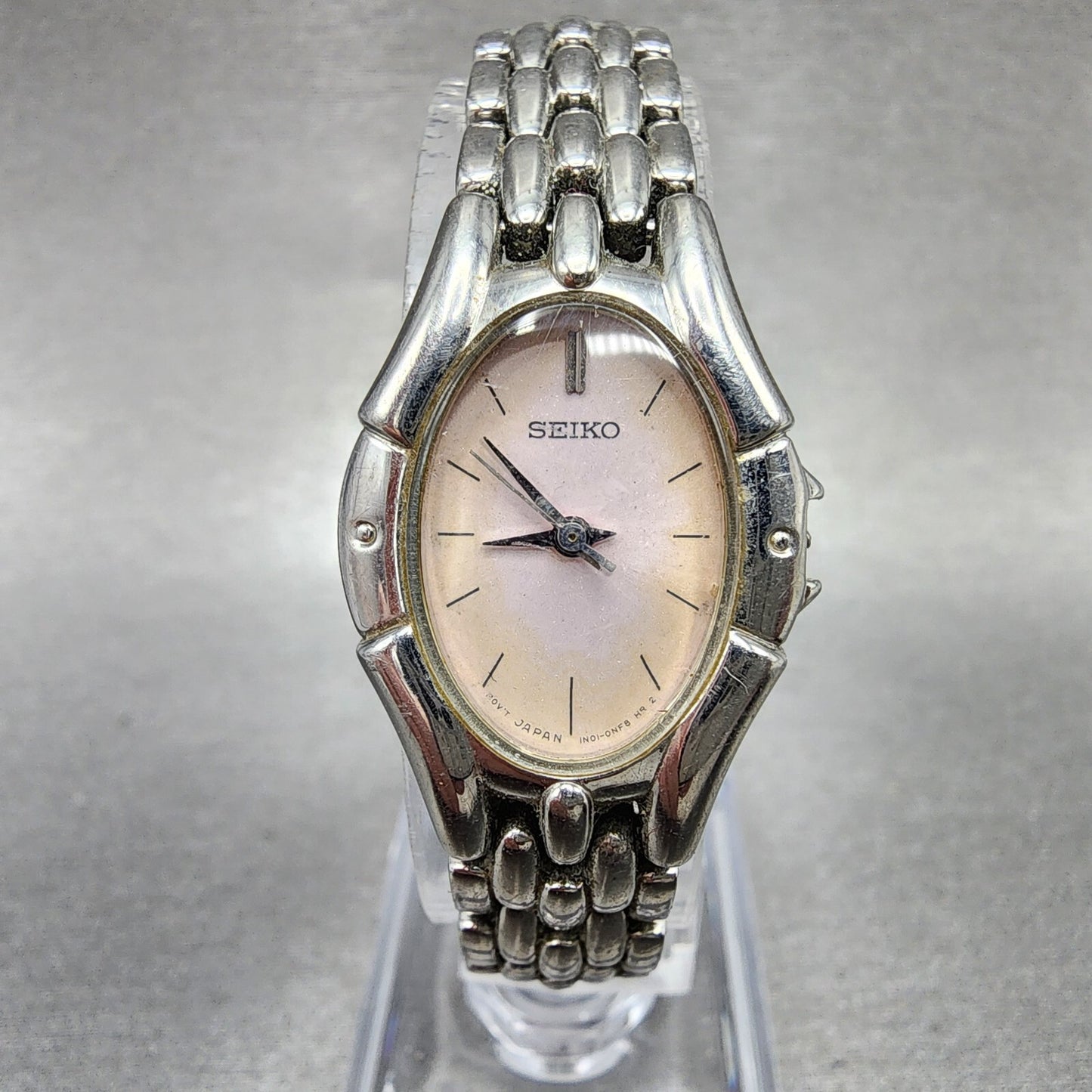 Seiko Watch Women 20mm Pink Dial Silver Tone Oval NO CROWN 1N01-0GS0 New Battery
