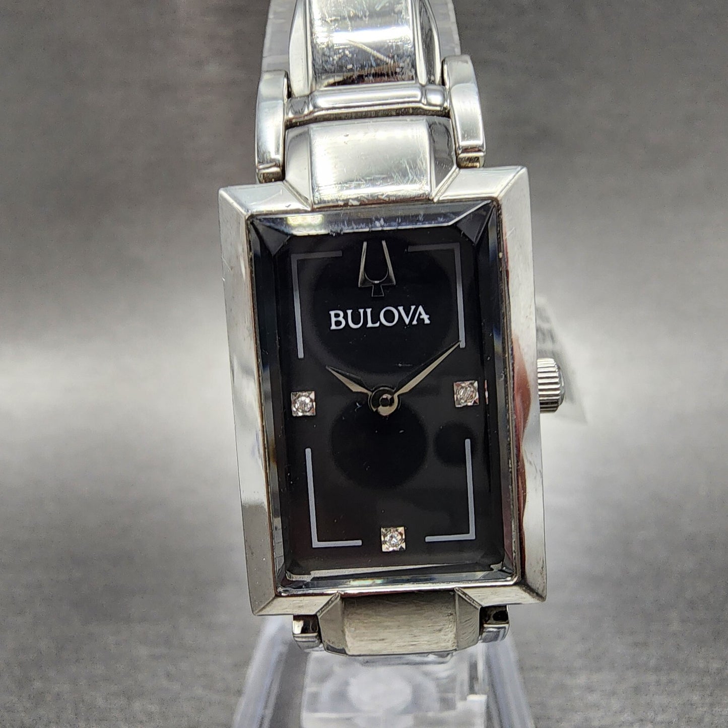 Bulova Tank Watch Women 18mm Black MOP Dial Steel Rectangle 96P209 New Battery